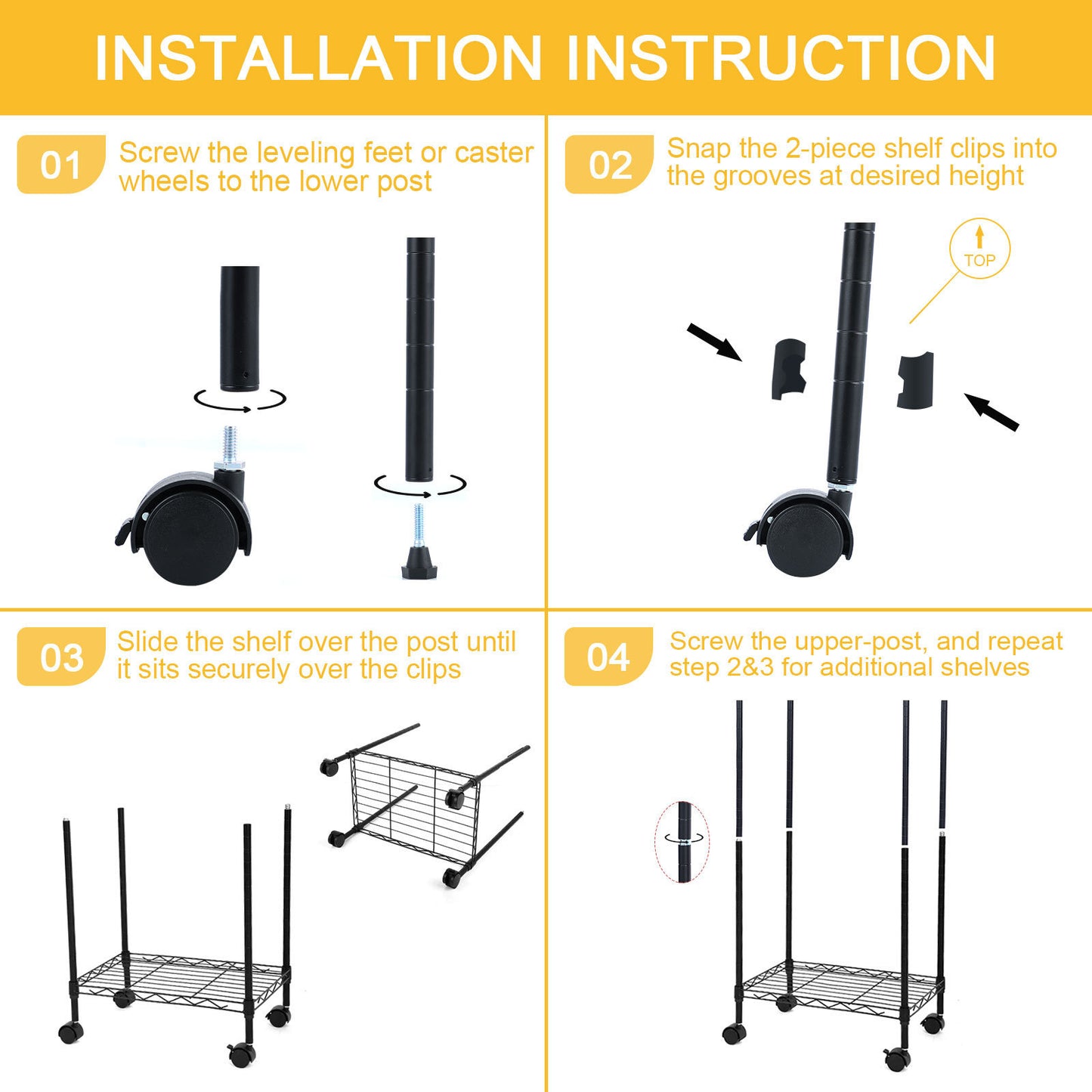 Heavy Duty 6-Shelf Shelving with Wheels, with Hanging Hooks, Wire Shelving, Adjustable Storage Units, 17'' D x 11'' W x 63'' H, 6 Tier, Black