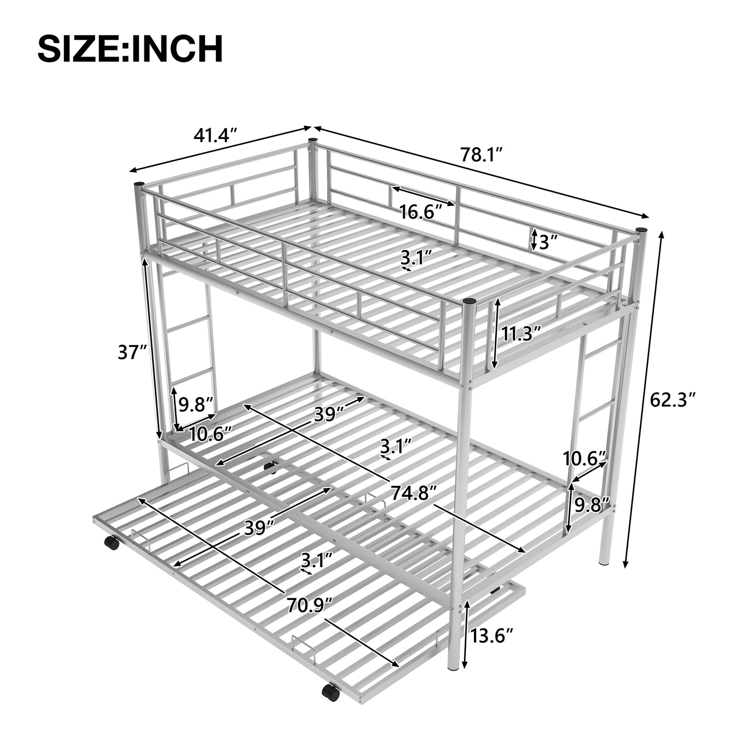 Silver Metal Twin Bunk Bed with Trundle - Smart Space-Saving Solution