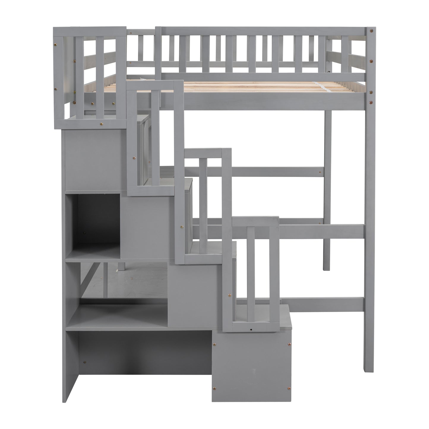 Full Size Loft Bed with Desk, Storage shelves and Staircase,Grey