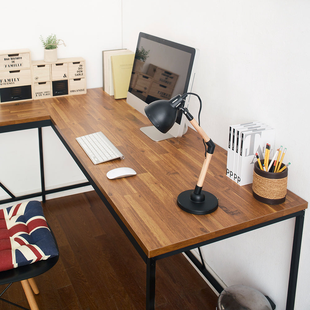 Water and Heat Resistant Acacia and Black Wood Corner Desk with Enhanced Durability