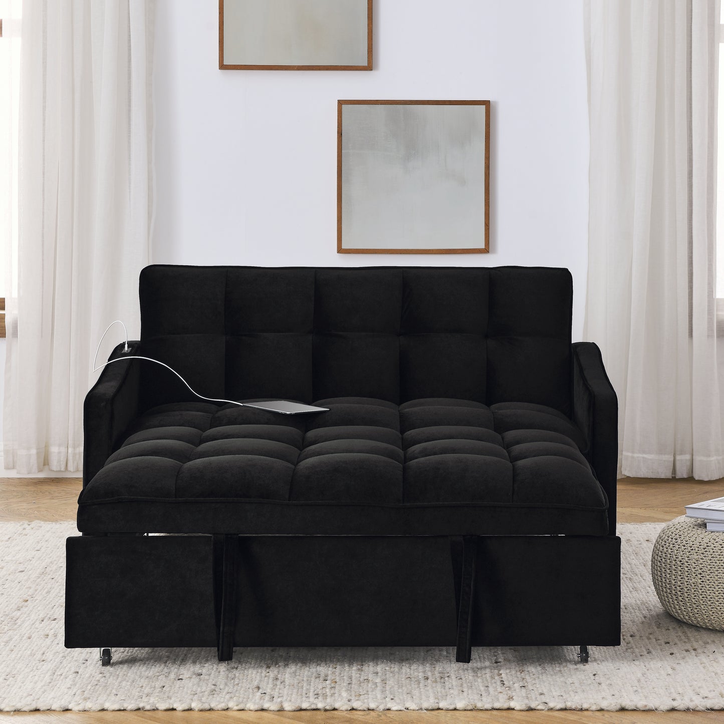 Loveseats Sofa Bed with Pull-out Bed,Adjsutable Back and Two Arm Pocket,TypeC and USB Charging with Copper nail,Black (47"x53"x31")