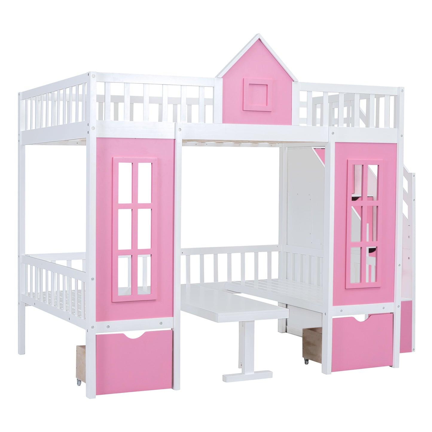 Pink Full-Over-Full Bunk Bed with Multi-Functional Table