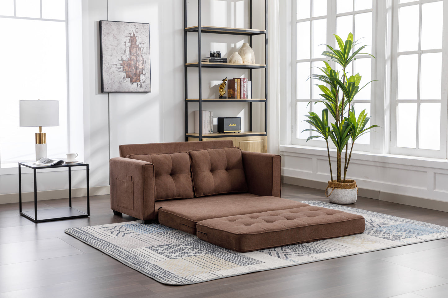 59.4 Pull-Out Loveseat Sofa Bed with Side Pocket, Brown Chenille Upholstered Couch