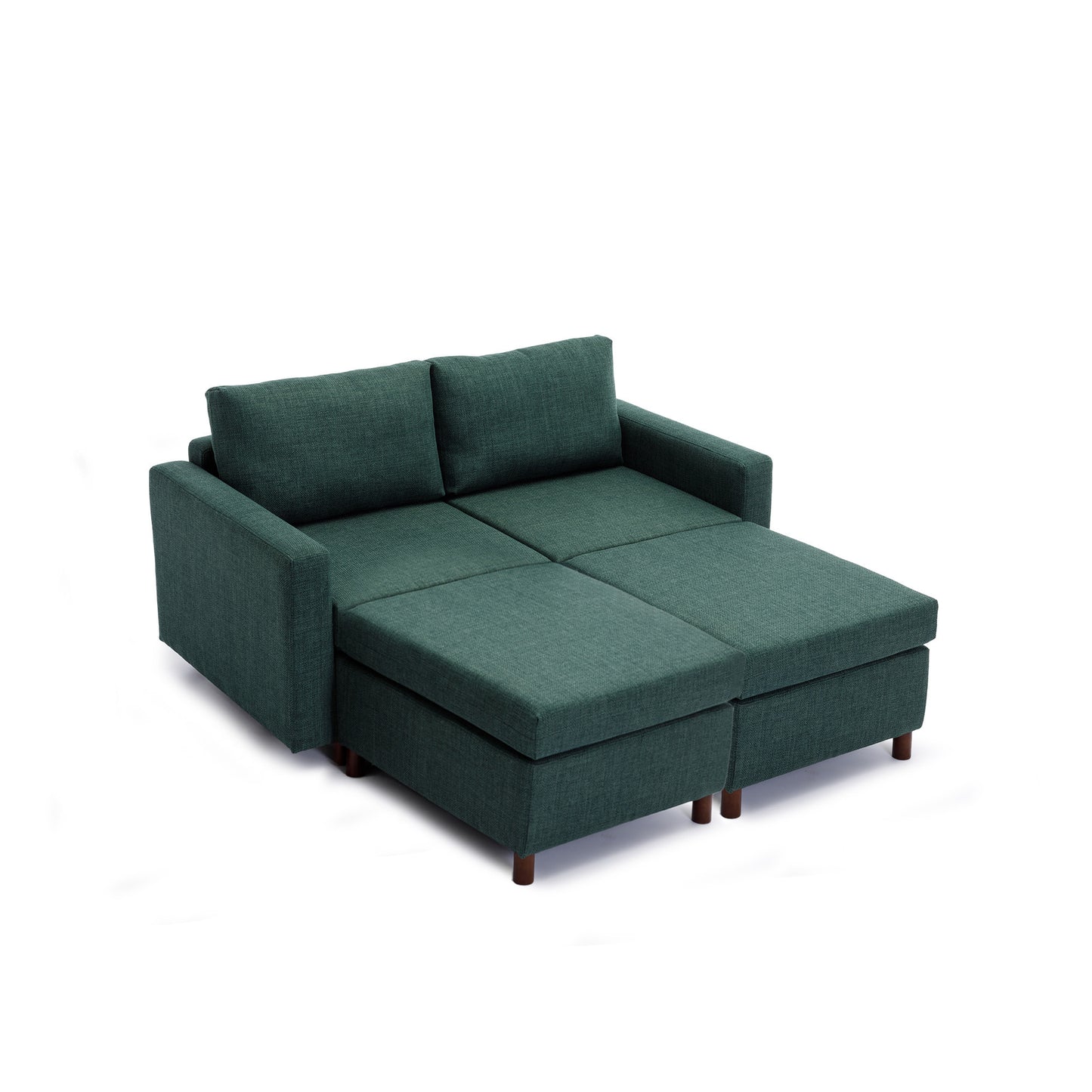 2-Seater Modular Sectional Sofa Set with 2 Ottoman, Non-Removable Cushions, Green