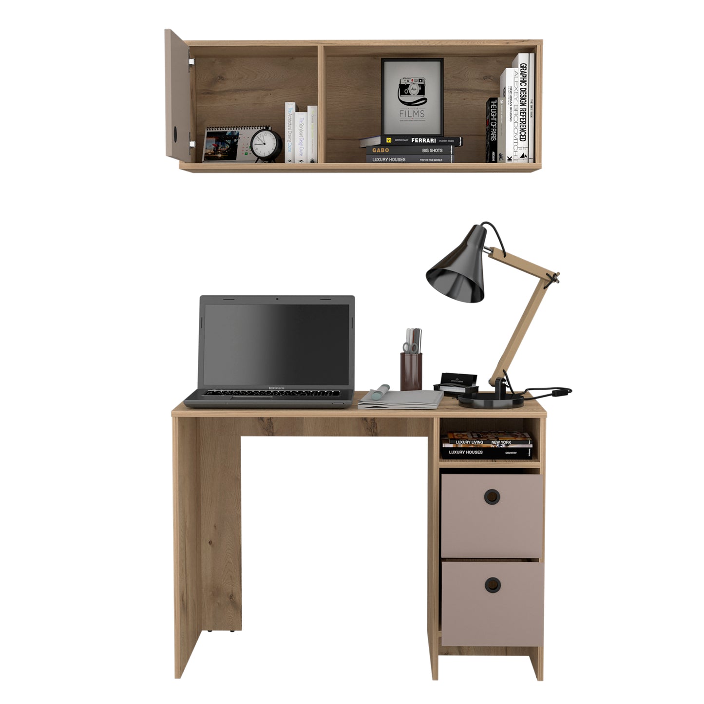 Multicolored Office Set with Desk and Wall Cabinet, Oak/Taupe Finish