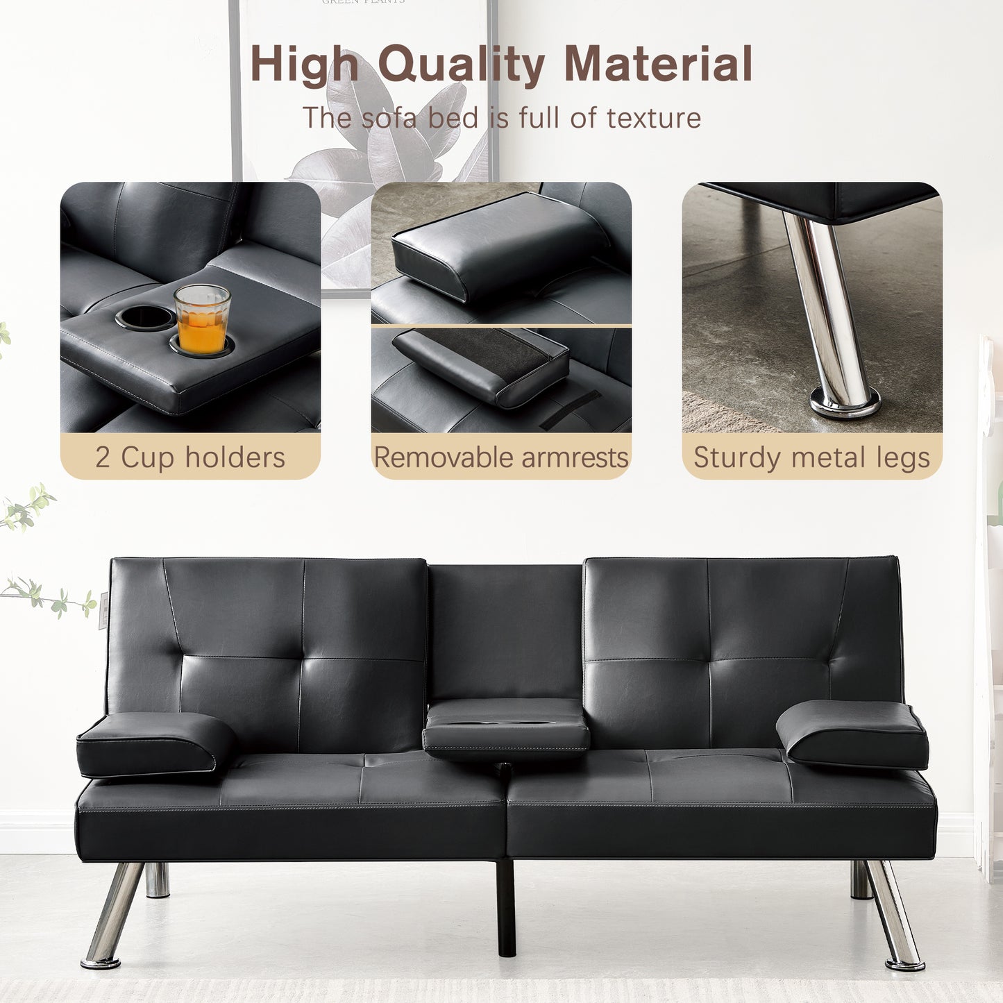 Convertible Sofa Bed Adjustable Couch Sleeper Modern Faux Leather Recliner Reversible Loveseat Folding Daybed Guest Bed, Removable Armrests, Cup Holders, 3 Angles, , Black