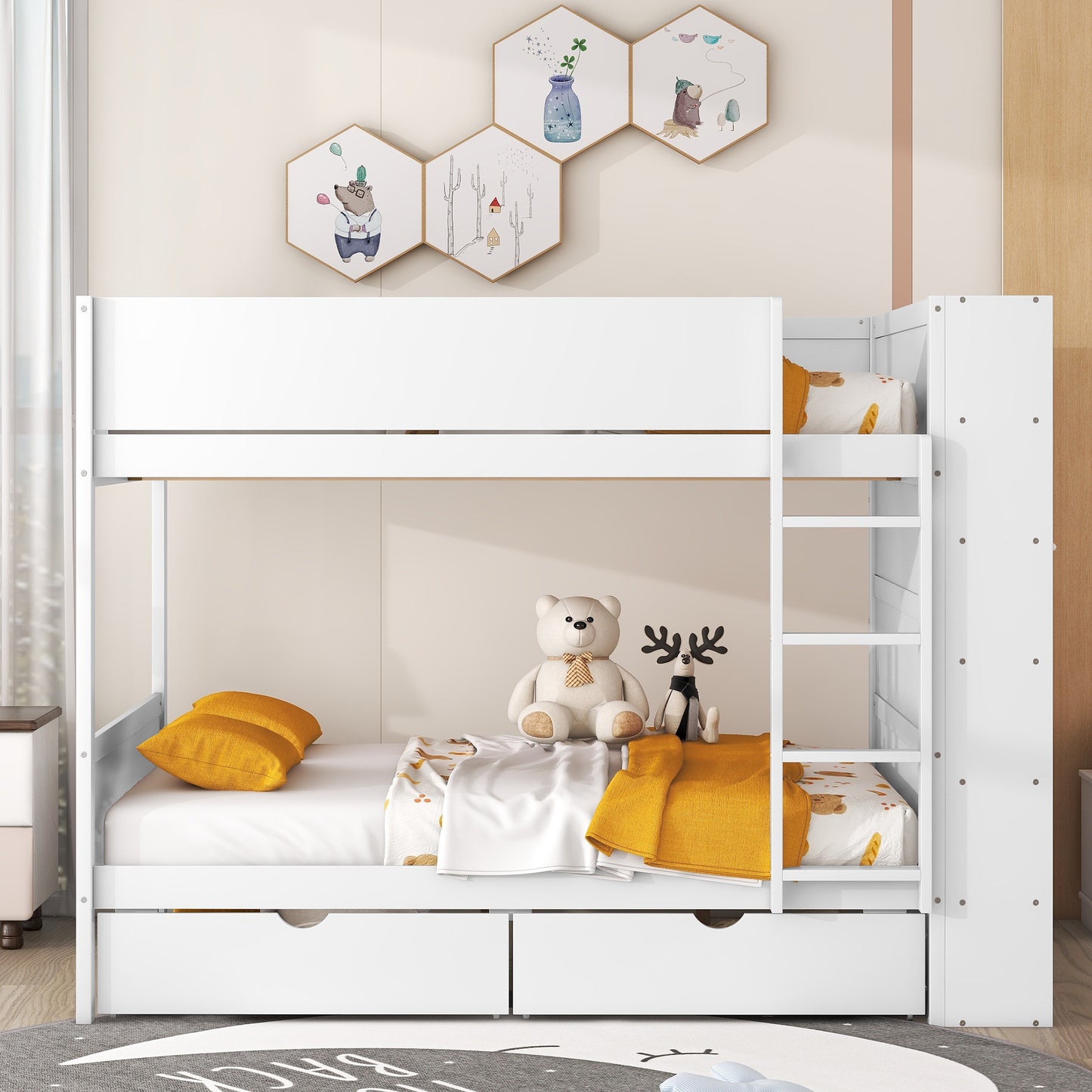 White Full over Full Bunk Bed with Bonus Storage and Multi-layer Cabinet