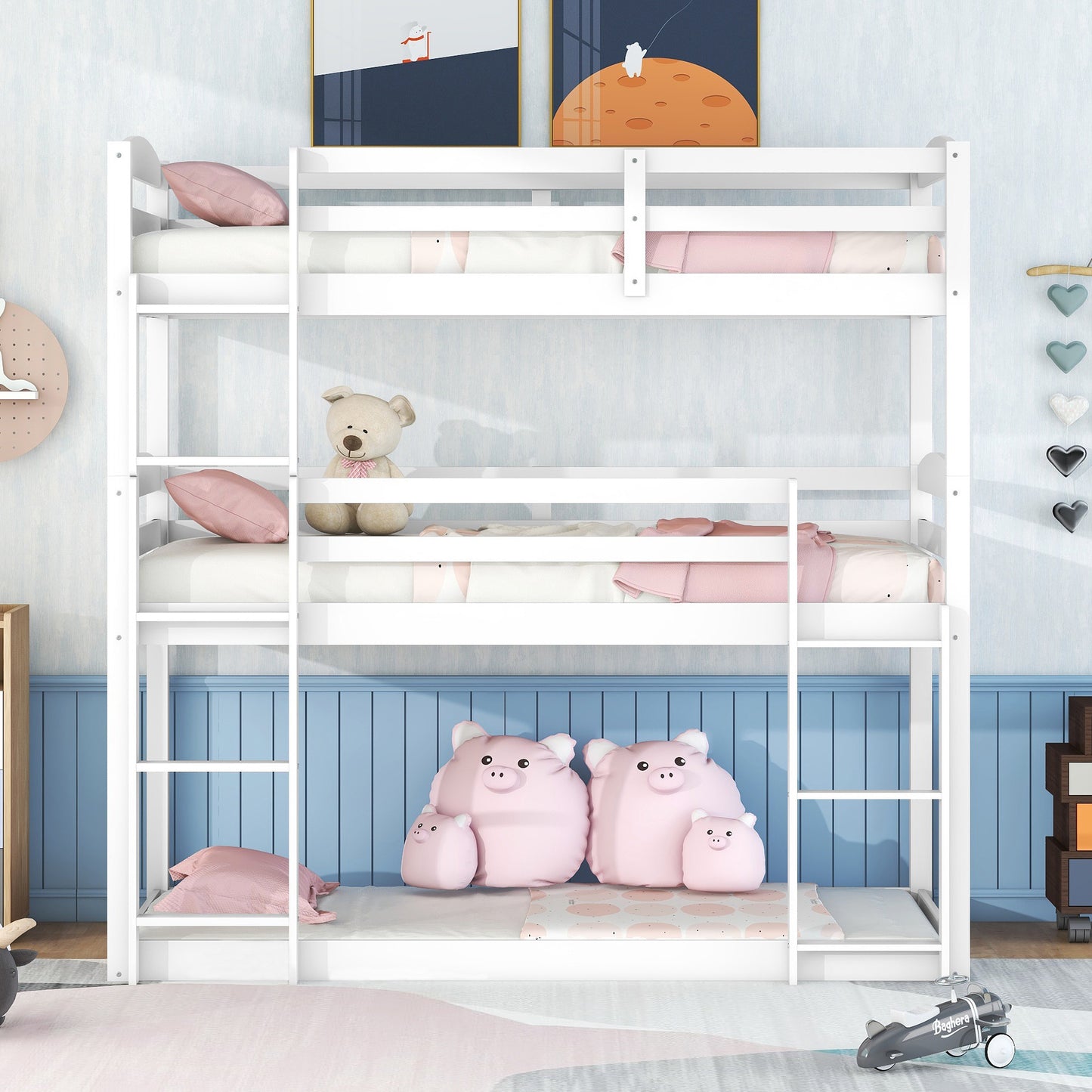 White Triple Bunk Bed with Three Twin Beds