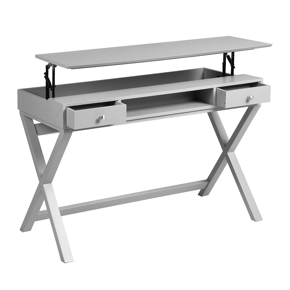 Adjustable Lift Desk with Farmhouse Style and Storage, Grey