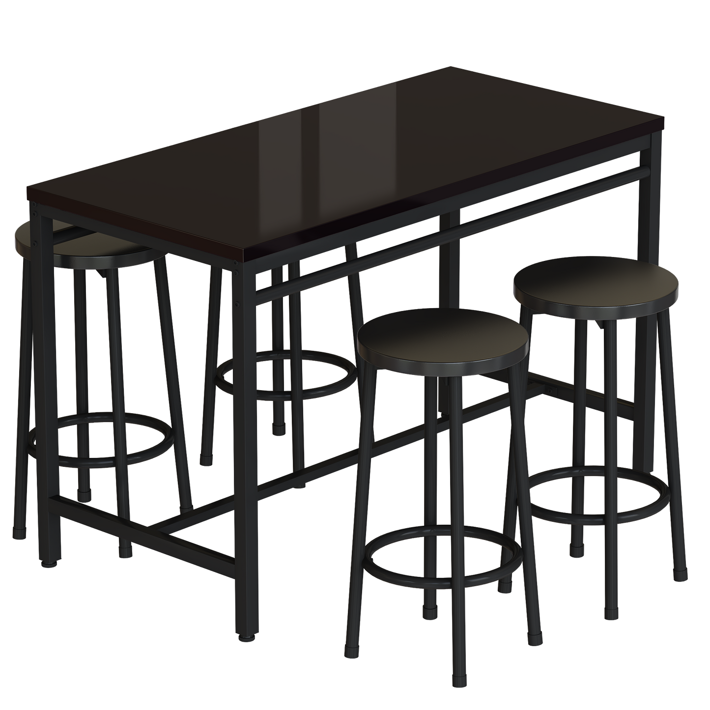 5-piece rural kitchen table with four bar stools, metal frame and MDF, black