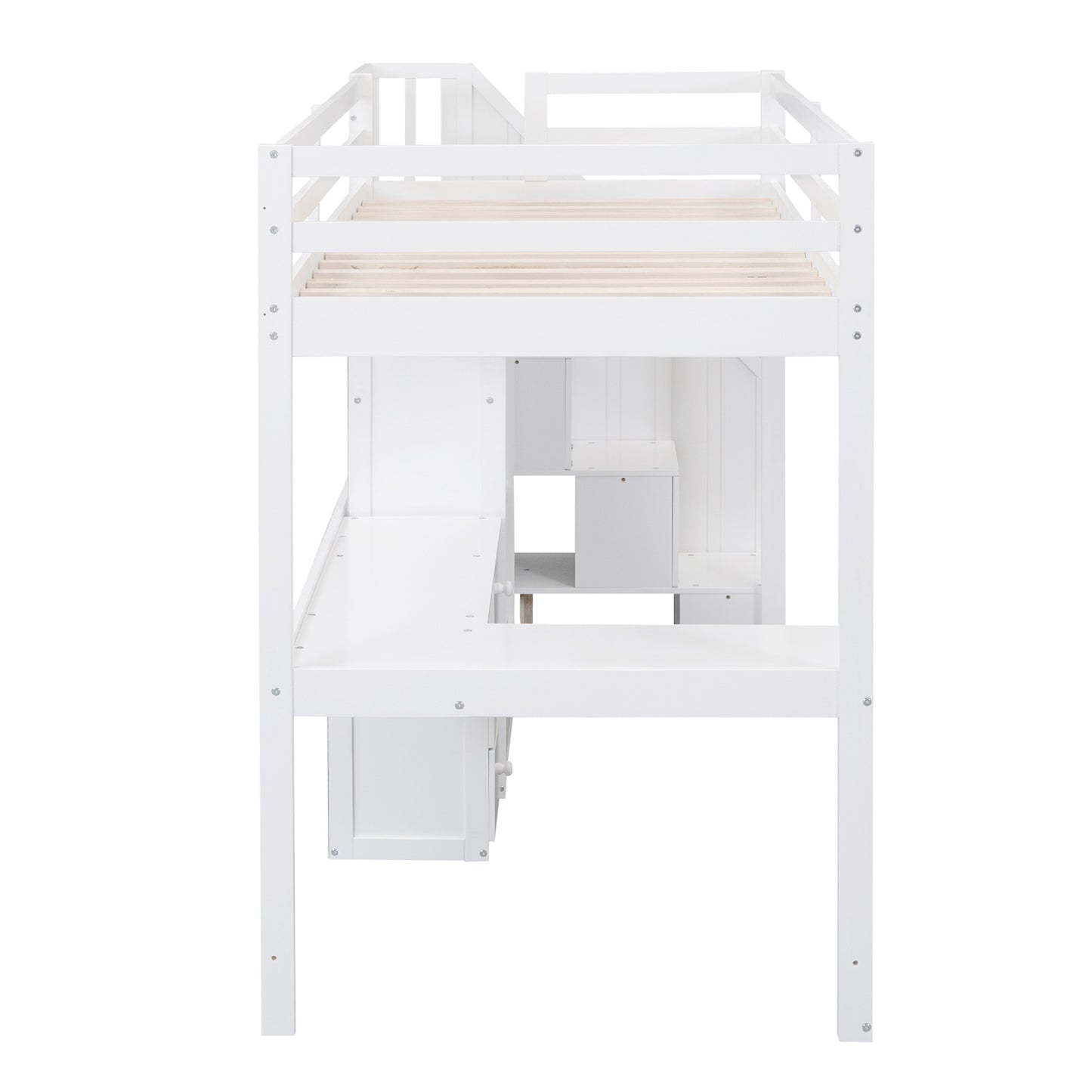 Twin Size Loft Bed with L-Shaped Desk and Drawers, Cabinet and Storage Staircase, White