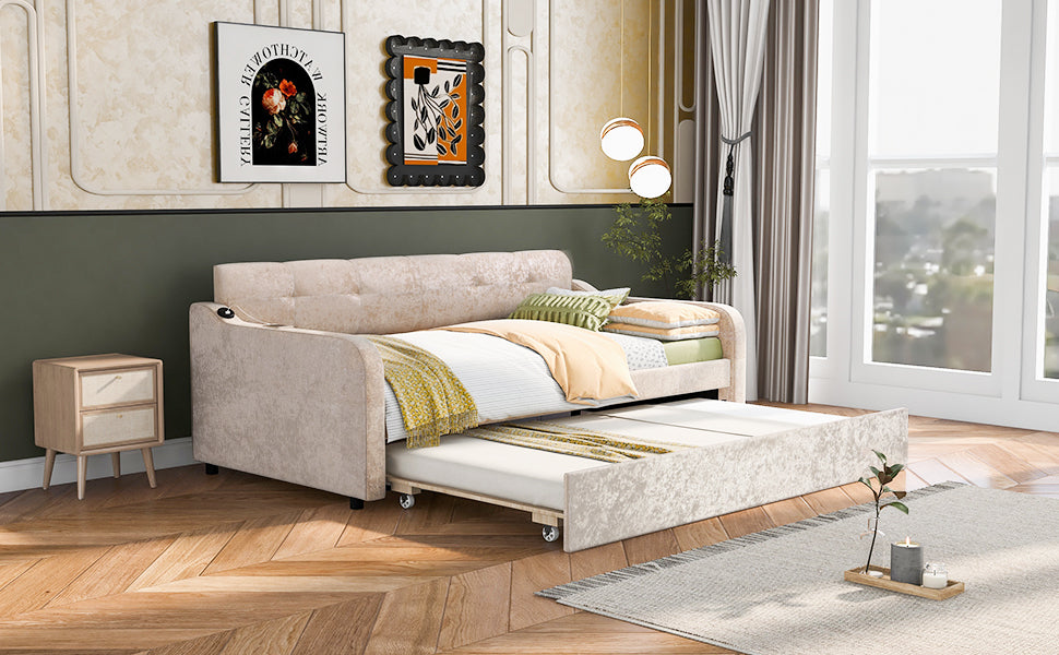 Twin Size Snowflake Velvet Daybed with Trundle and USB Charging Design,Beige