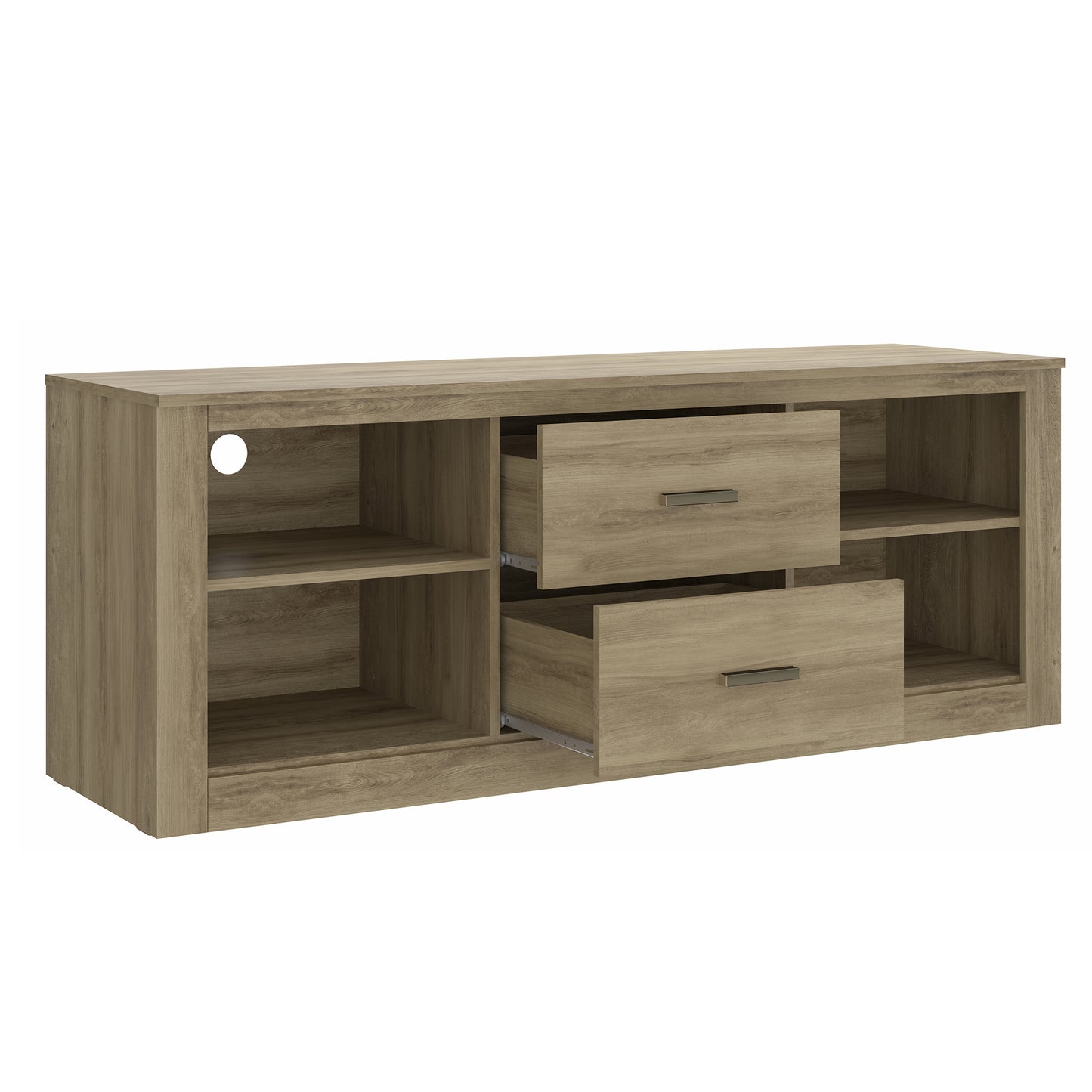 59-Inch Oak Brown Wooden TV Stand with Drawers and Open Compartments