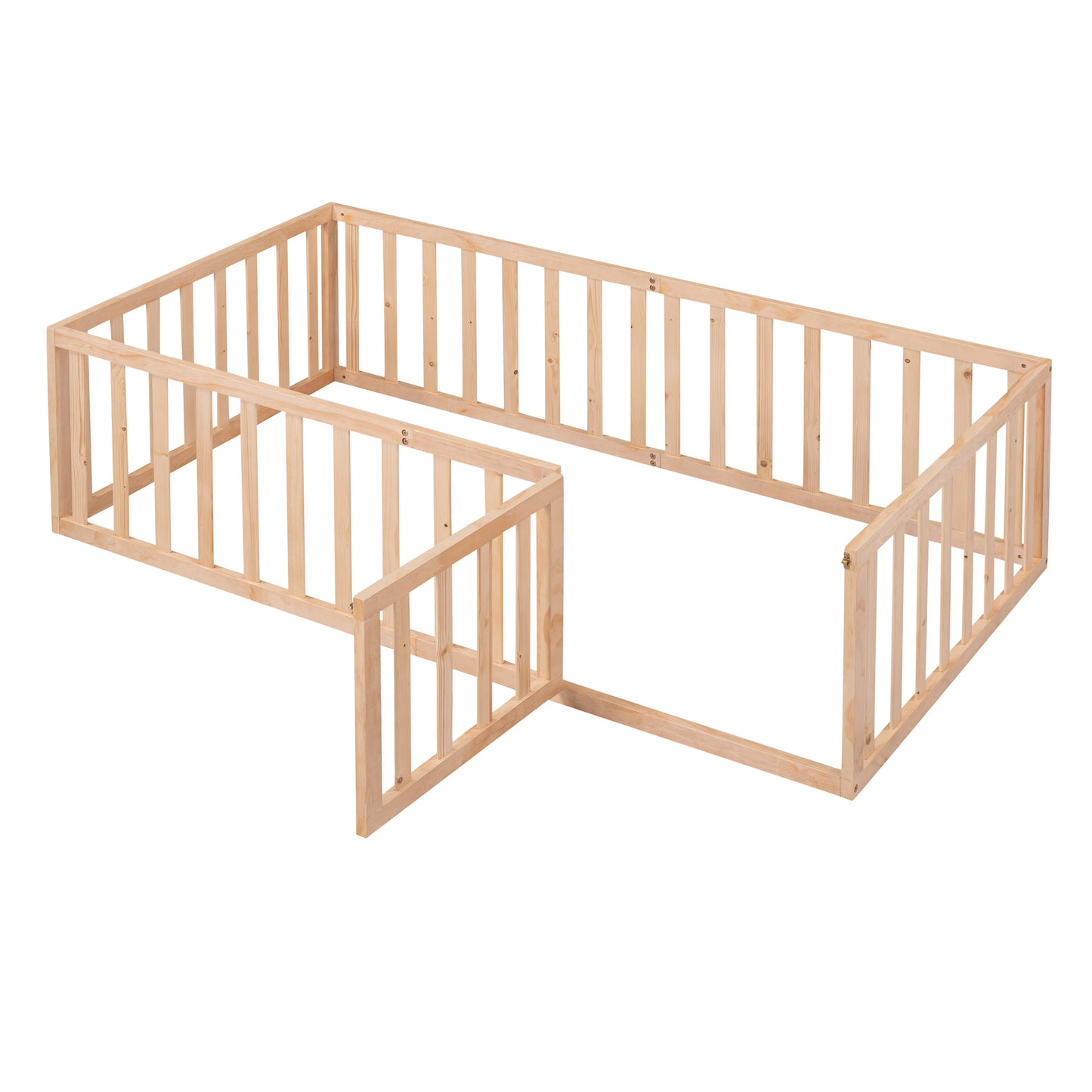 Twin Size Wood Floor Bed Frame with Fence and Door, Natural( :WF289661AAM)