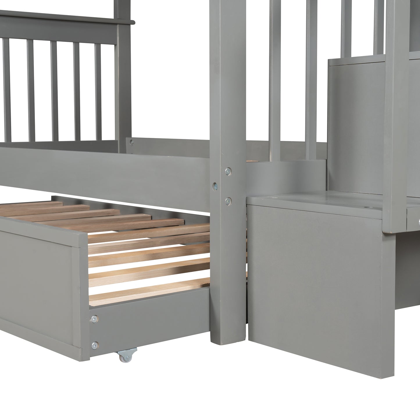 Stairway Twin Bunk Bed with Trundle and Storage in Gray Wood for Bedroom, Dorm or Adults