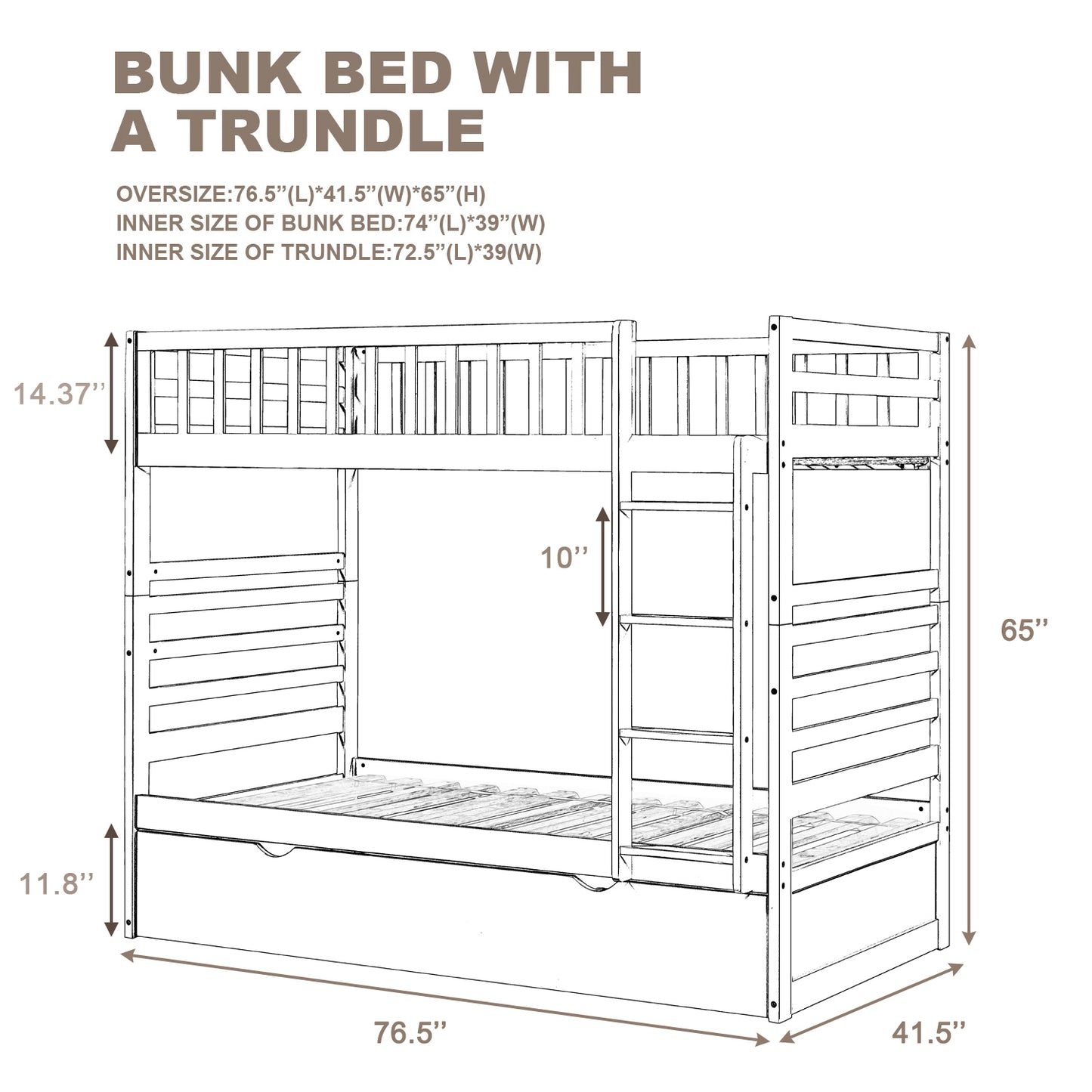 Kids Solid Hardwood Twin Bunk Bed Set with Trundle Bed and Safety Features