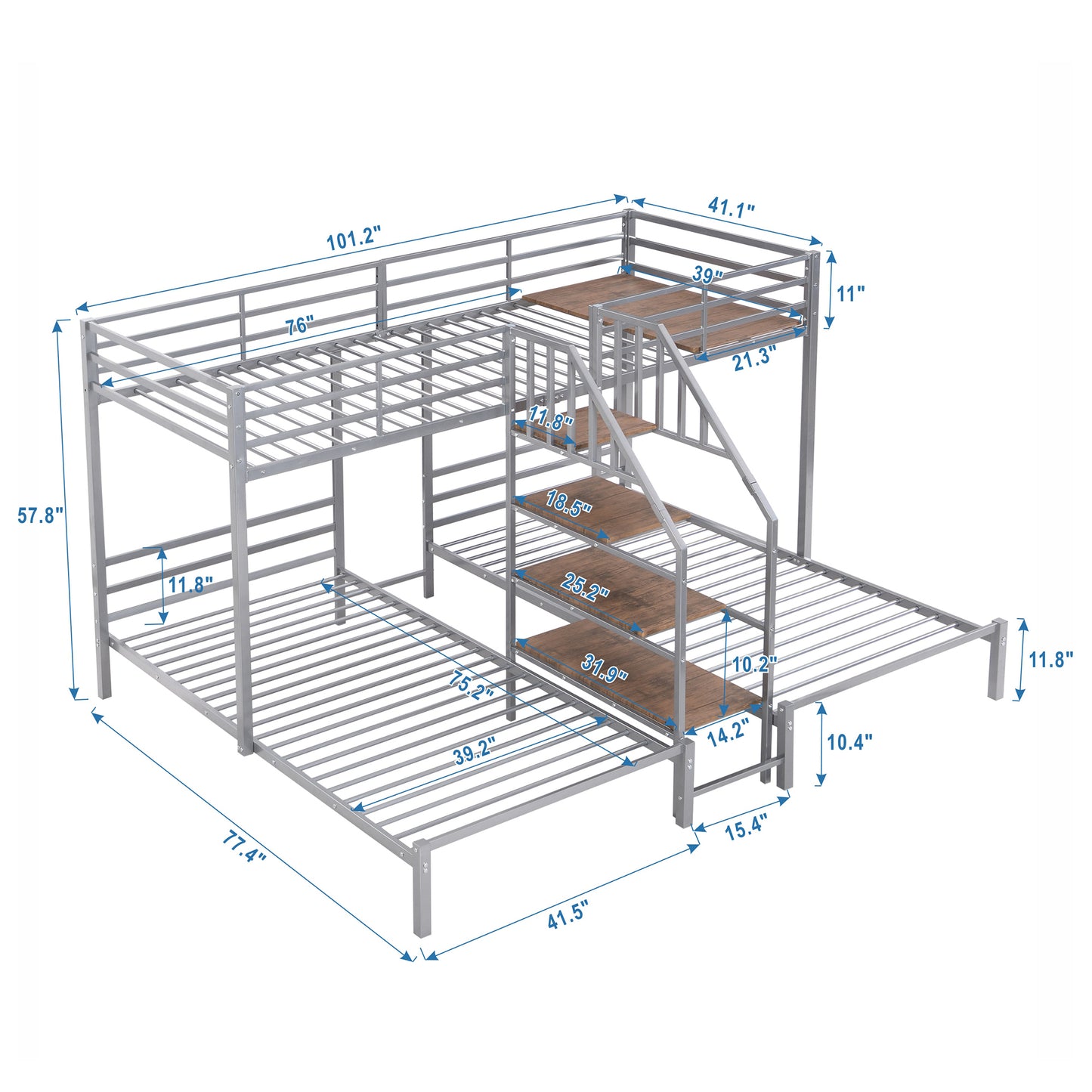 Three-Tiered Metal Bunk Bed with Storage and Staircase, Silver Twin over Twin