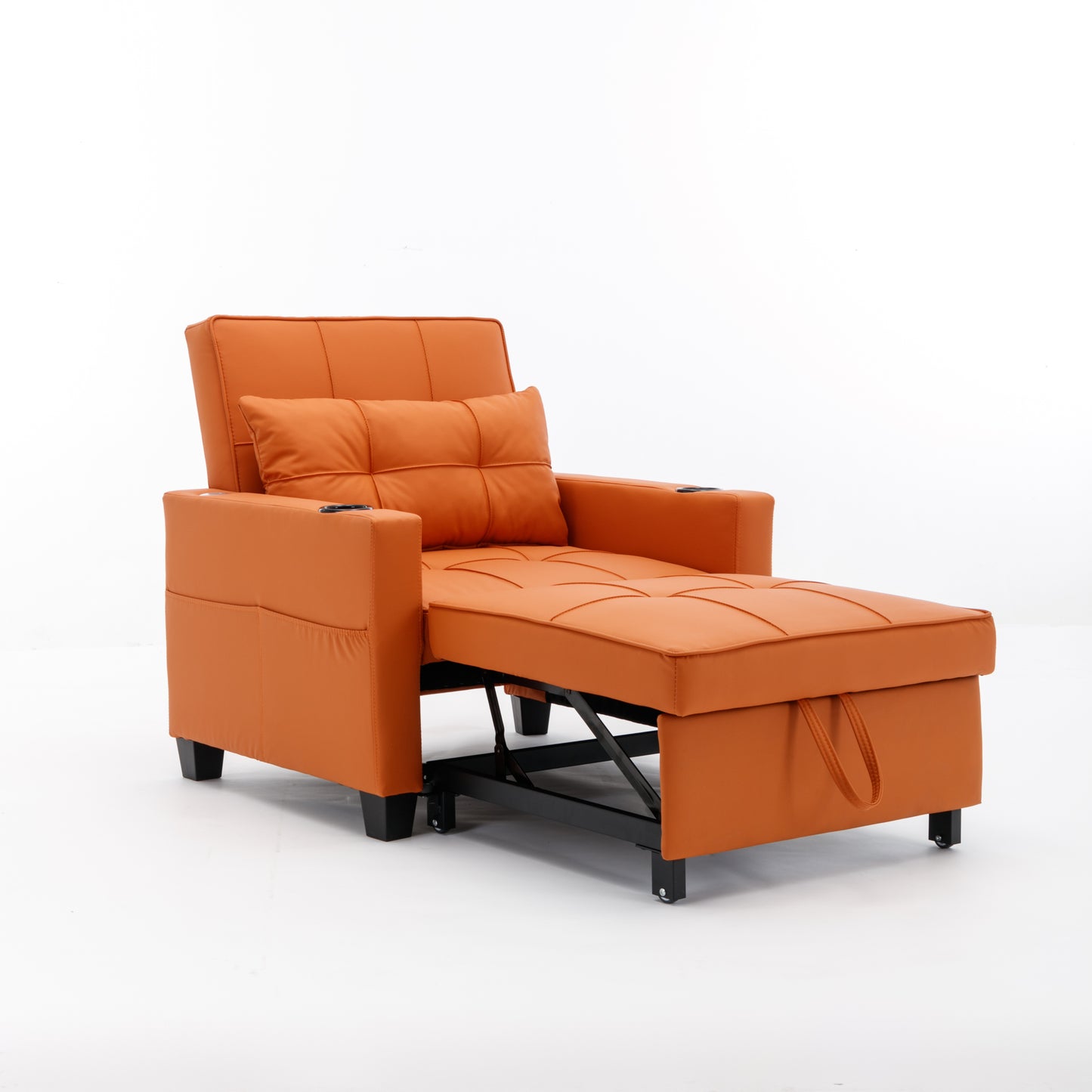 Futon Chair Bed Convertible Chair 3-in-1 Pull Out Sleeper Chair Beds with USB Ports,Wear-resistant and Anti-scratch,  Armchair Bed Sleeper for Living Room (Orange Leather)