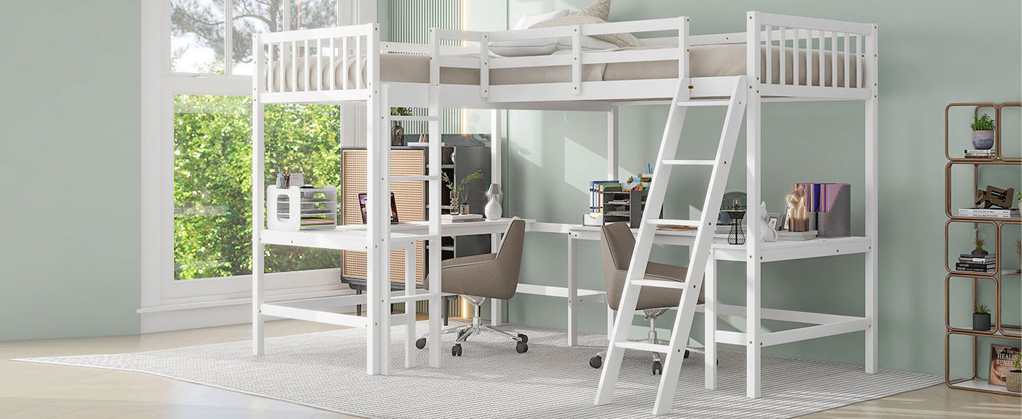 Wood Twin Size L-Shaped Loft Bed with Ladder and 2 Built-in L-Shaped Desks, White