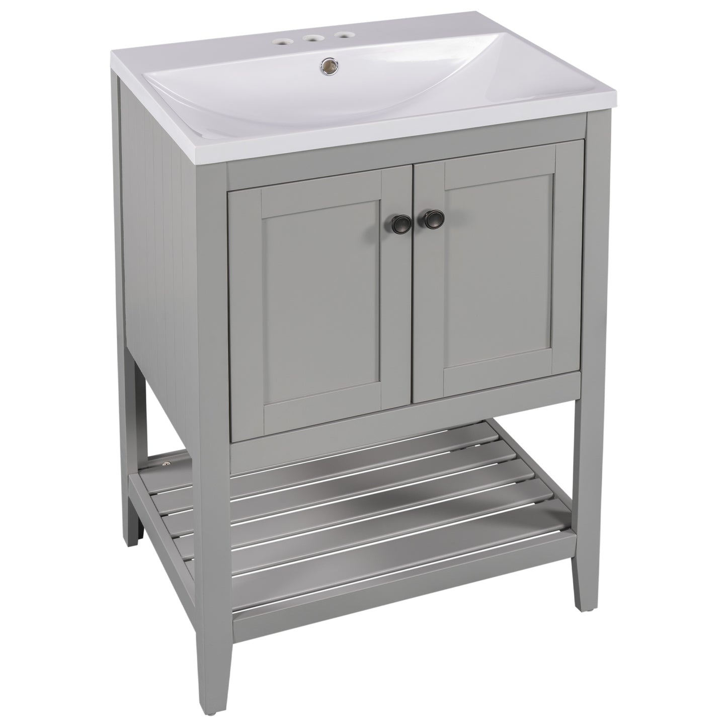 24" Grey Modern Sleek Bathroom Vanity Elegant Ceramic Sink with Solid Wood Frame Open Style Shelf