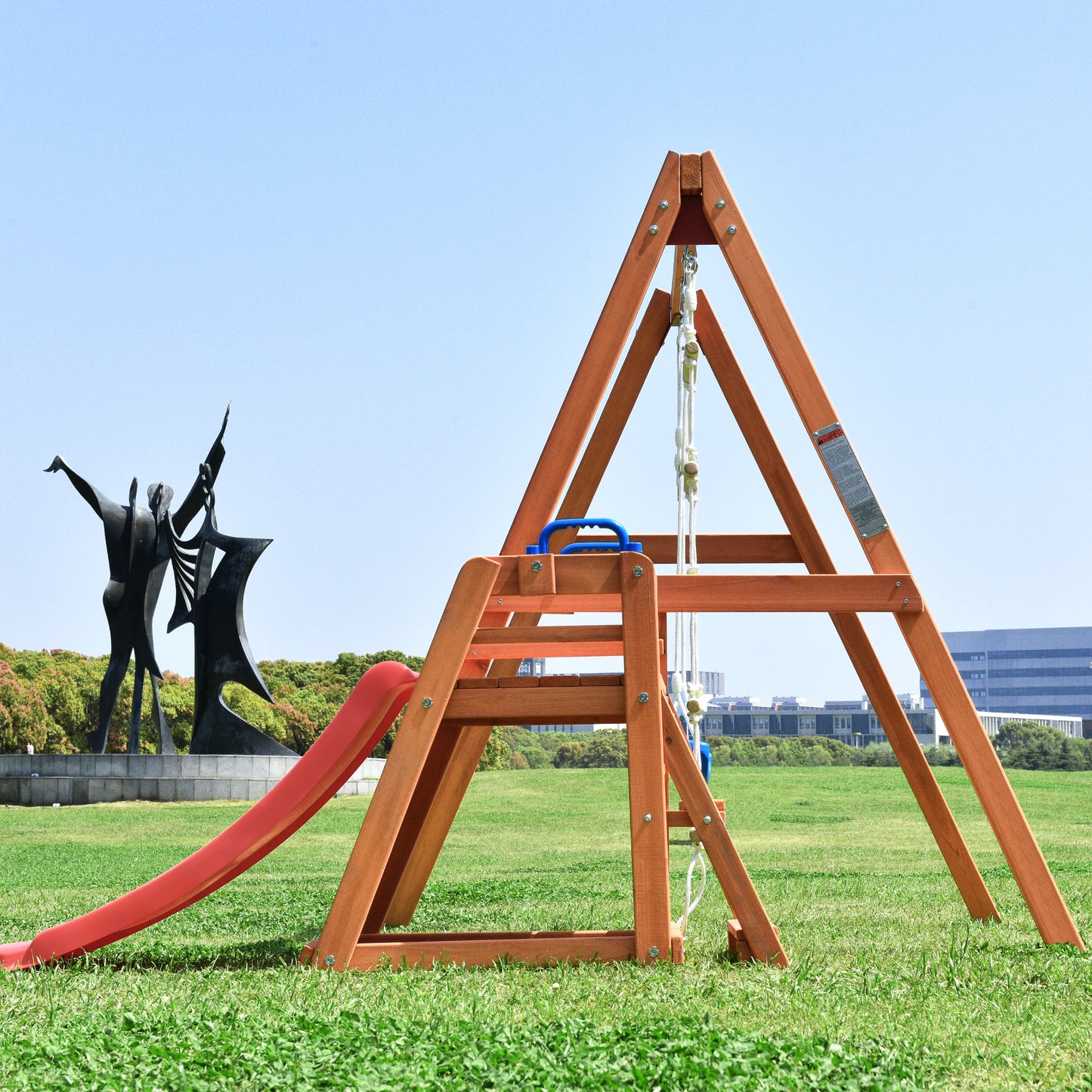 Wooden Outdoor Swing Set with Slide, Climbing Rope Ladder, and Swing for Kids