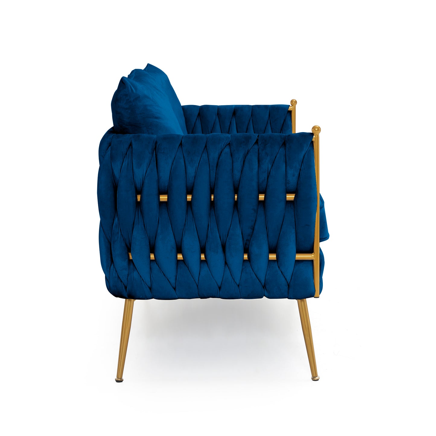 Luxurious 3-Piece Blue Velvet Living Room Set with Handwoven Tufted Backrest and Golden Metal Legs