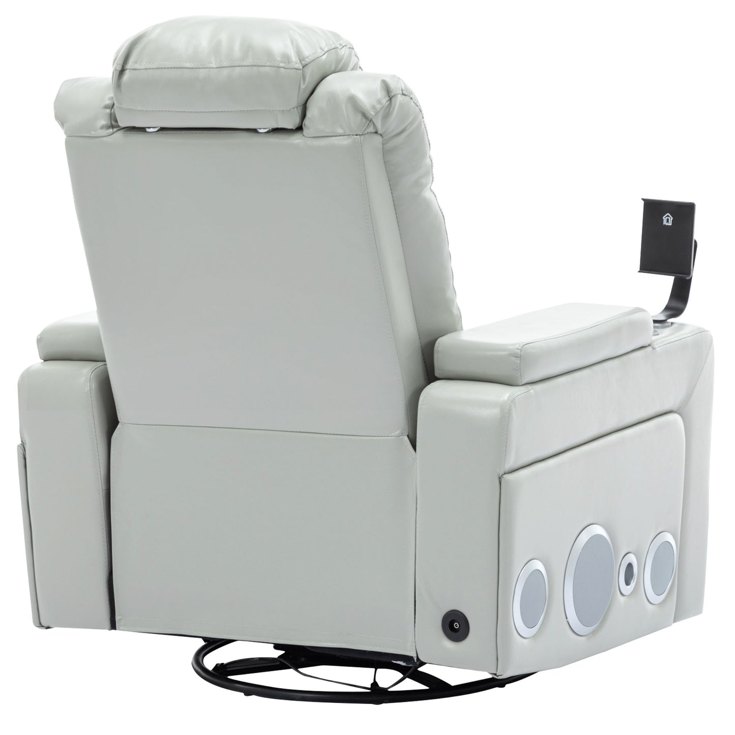 Luxurious Grey PU Leather Power Recliner with Surround Sound and Storage.