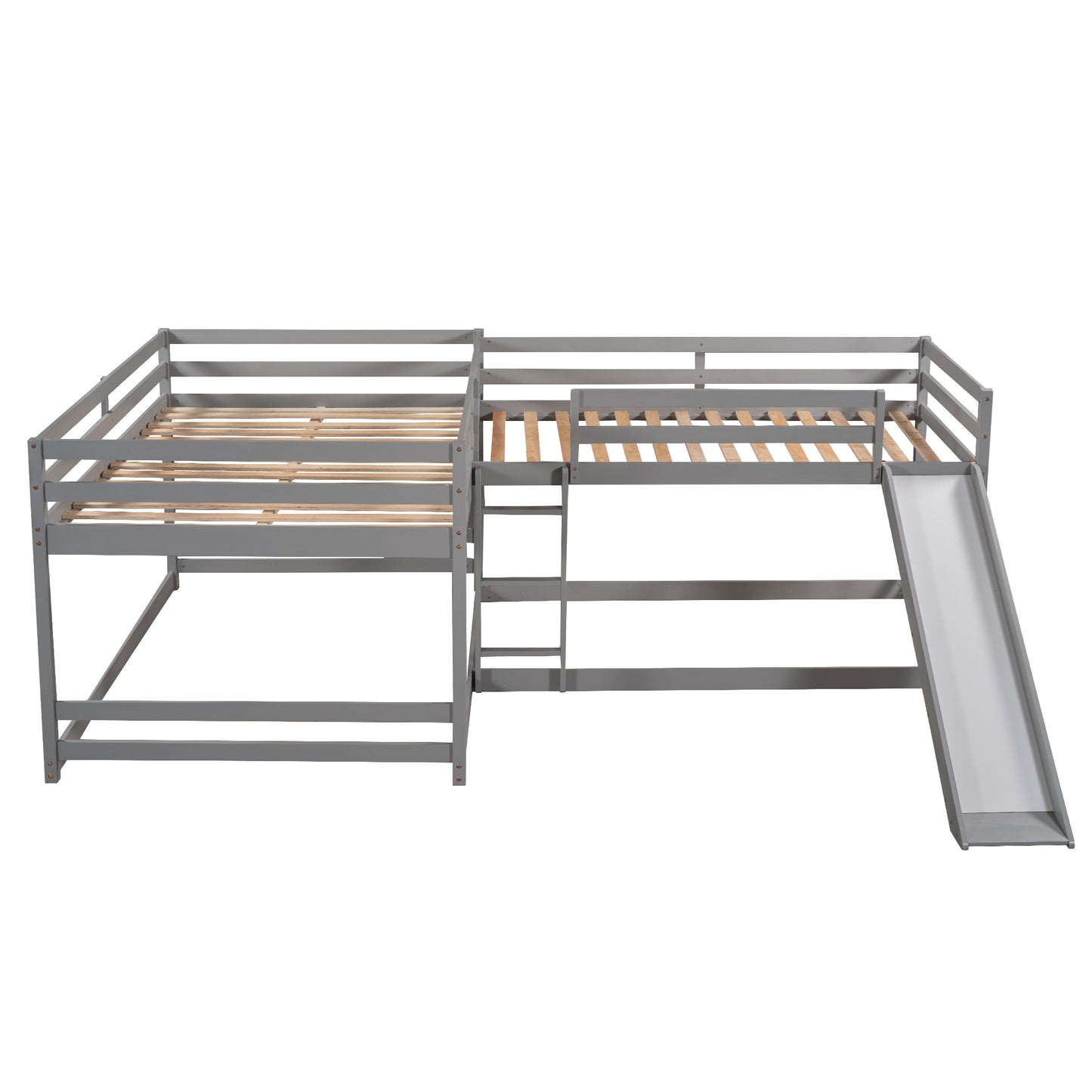 Gray L-Shaped Bunk Bed with Full and Twin Size, Slide, and Short Ladder