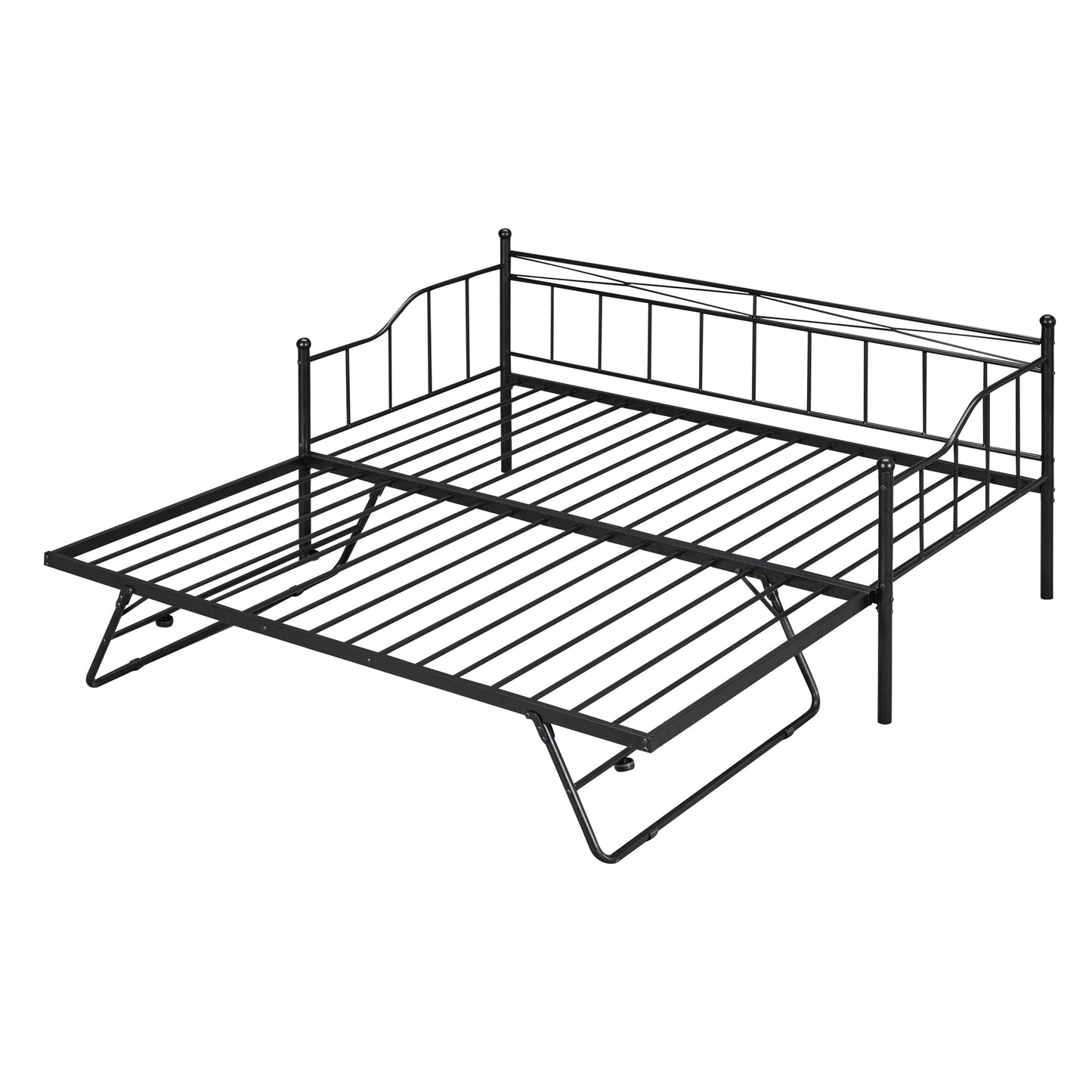 Twin Size Metal Daybed with Twin Size Adjustable Trundle, Portable Folding Trundle, Black