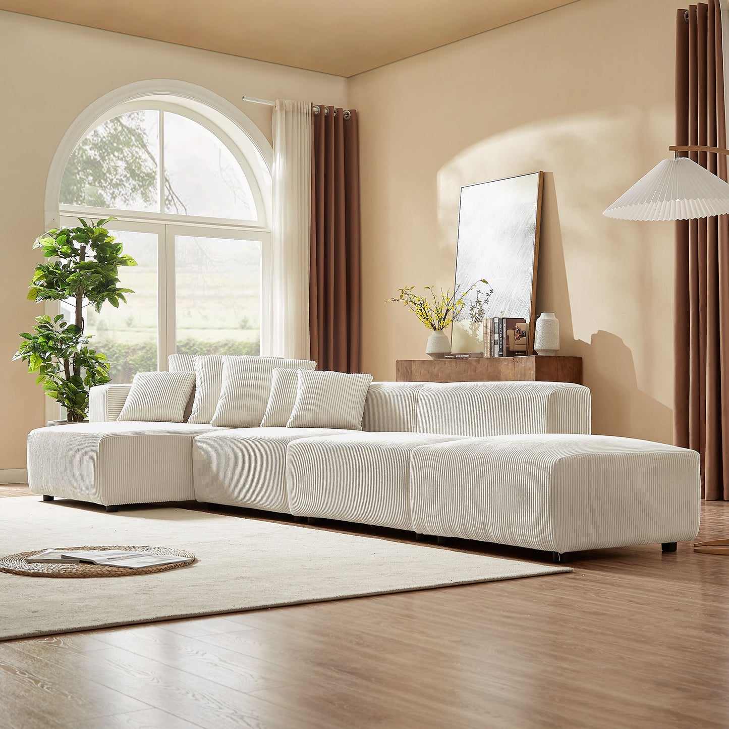 Soft Corduroy Sectional Modular Sofa 4 Piece Set, Small L-Shaped Chaise Couch for Living Room, Apartment, Office, Beige