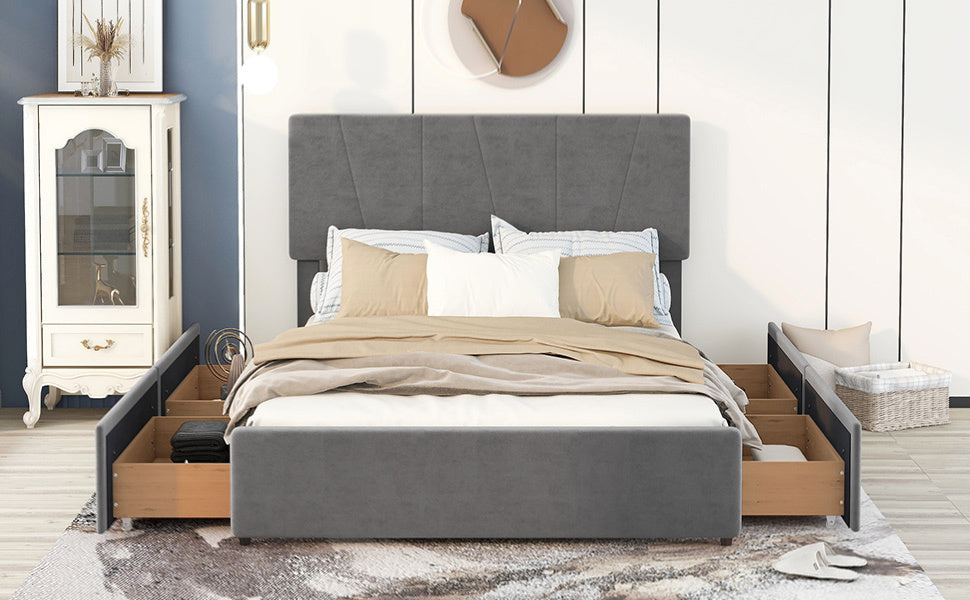 Queen Size Upholstery Platform Bed with Four Drawers on Two Sides, Adjustable Headboard, Grey(: WF291774EAA)