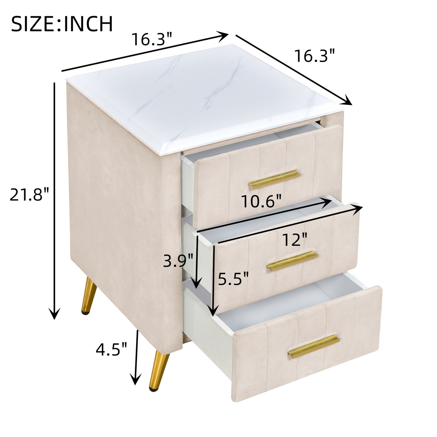 Upholstered Wooden Nightstand with 3 Drawers and Metal Legs&Handles,Fully Assembled Except Legs&Handles,Bedside Table with Marbling Worktop - Beige