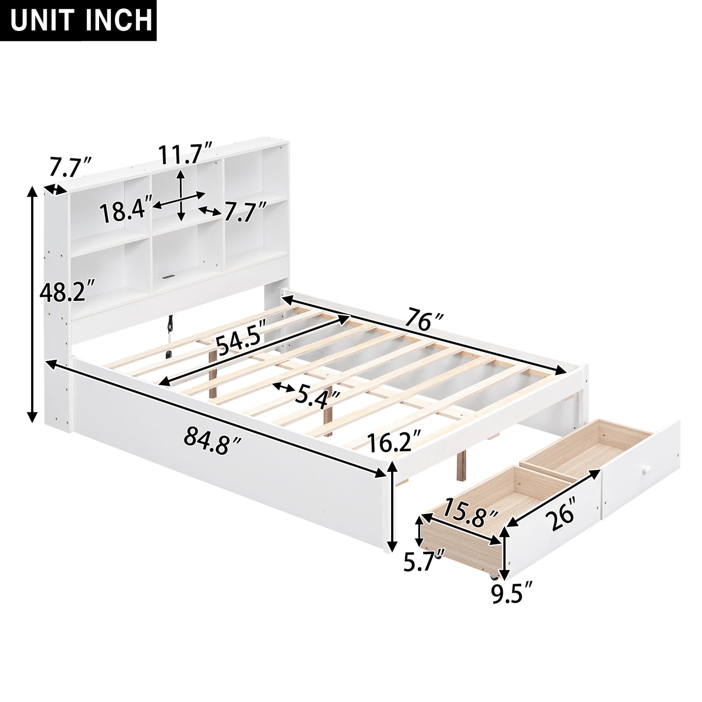 Full Size Platform Bed with Storage Headboard, Charging Station and 2 Drawers, White