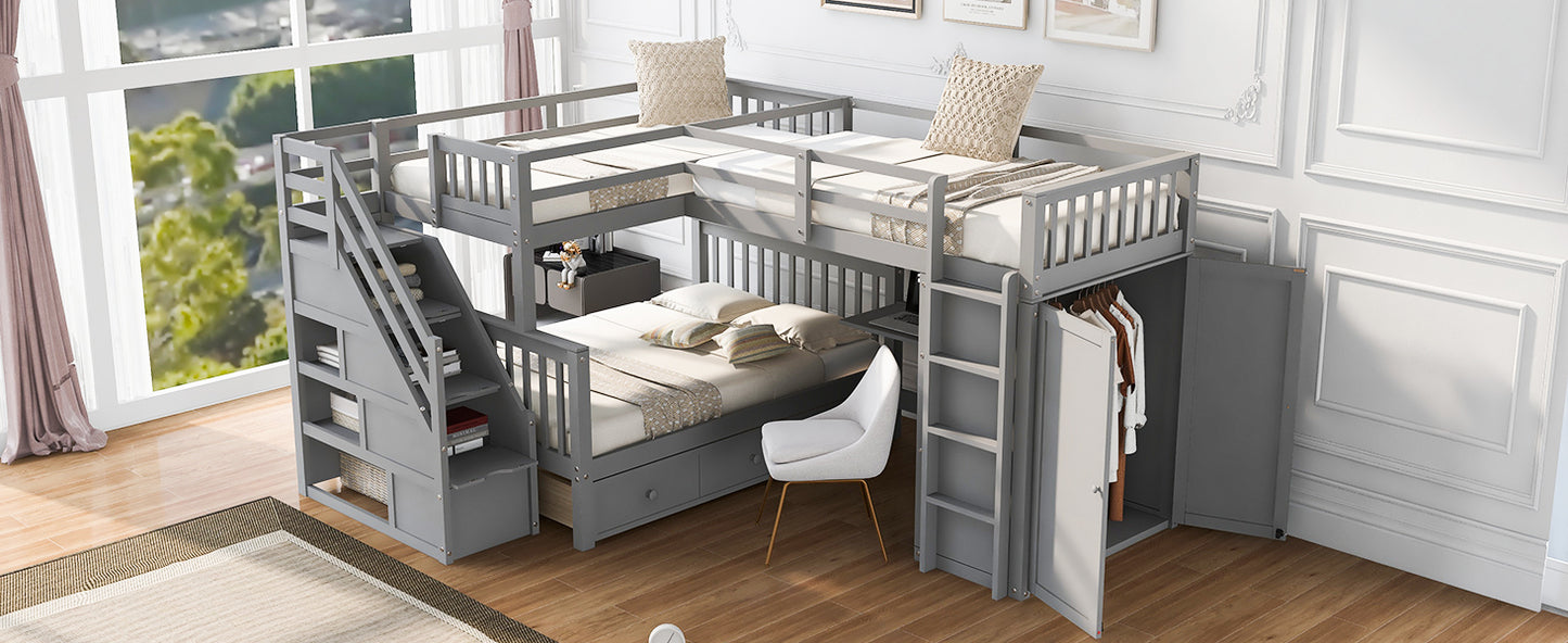 Gray Triple Bed with Integrated Desk, Wardrobe, and Drawers