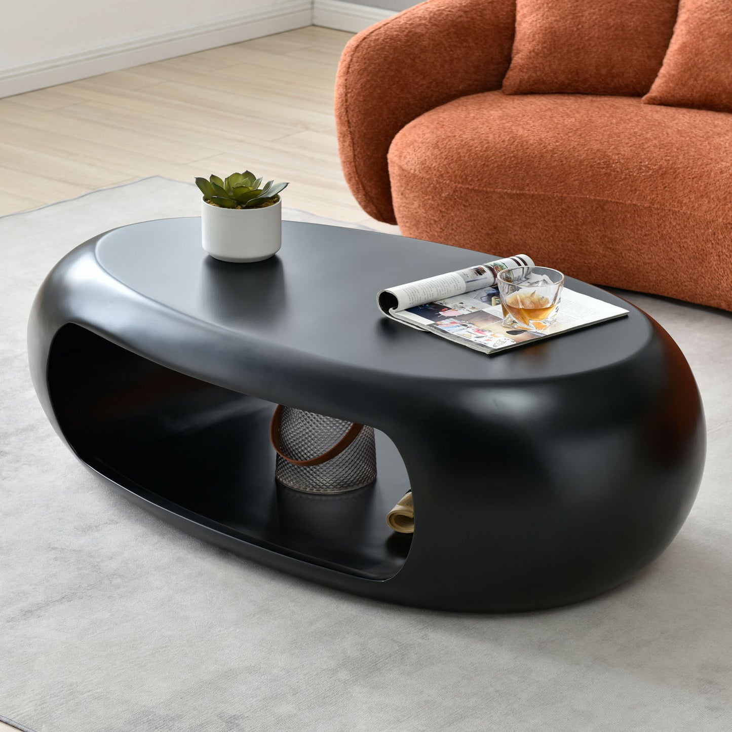 Modern Oval Coffee Table in Black Fiberglass - No Assembly Needed