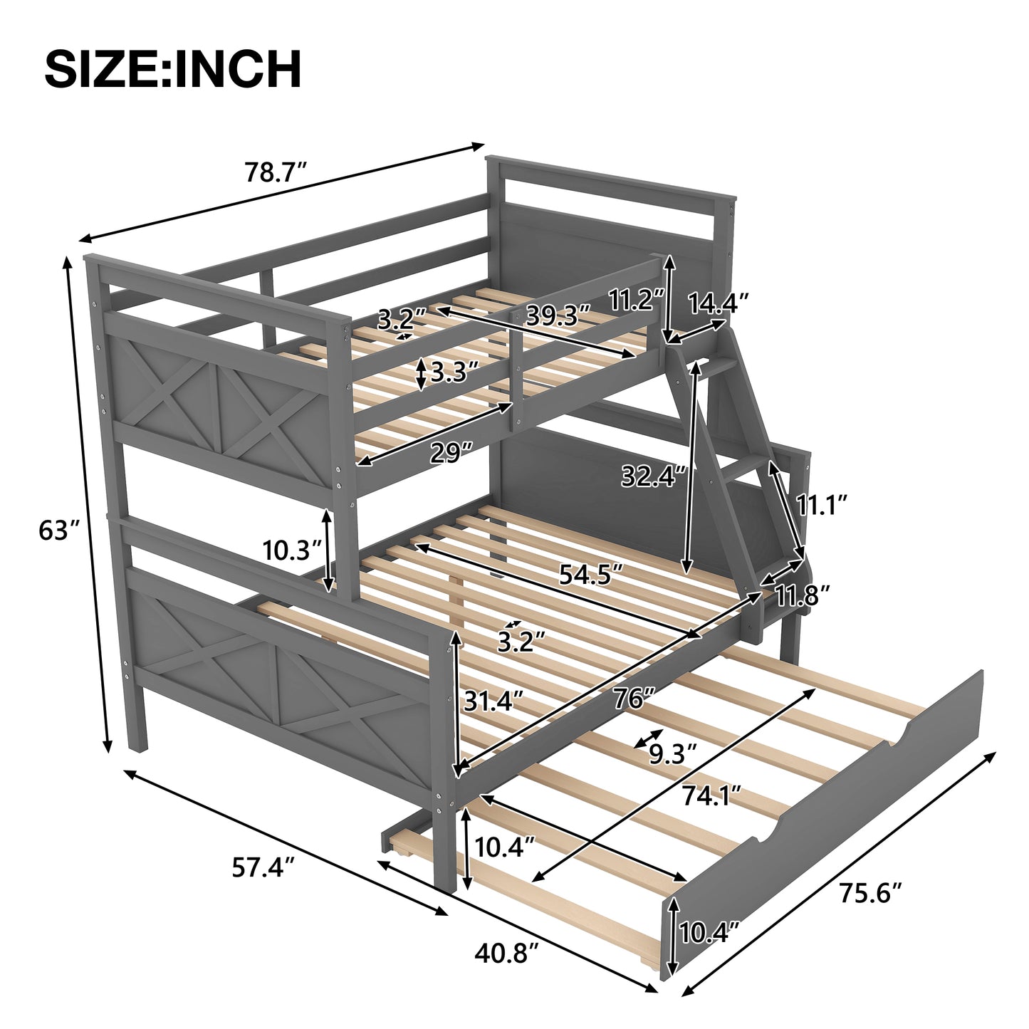 Triple Sleeper Bunk Bed with Trundle, Guardrail, Ladder, and Gray Finish