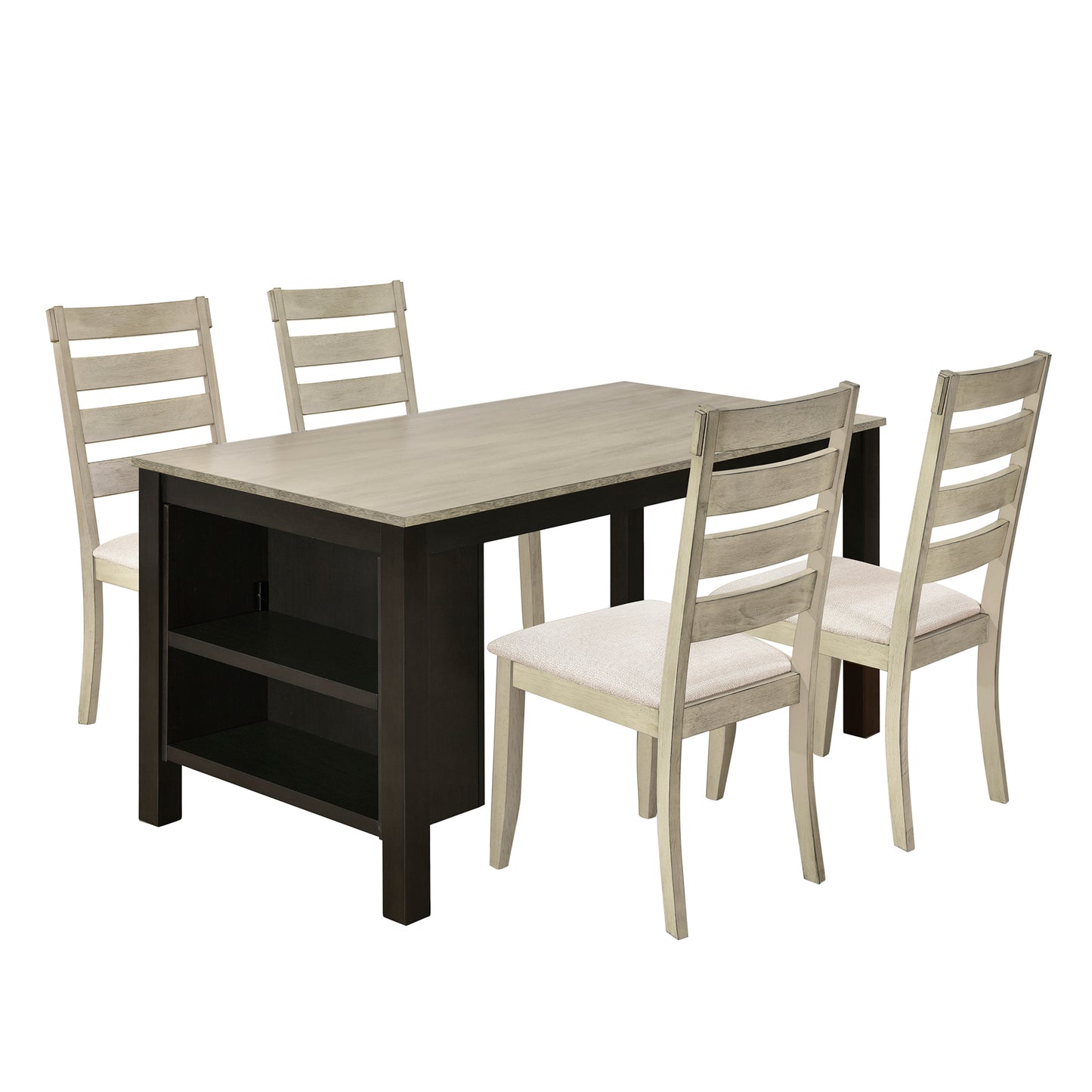 Farmhouse Wood 5-Piece Dining Table Set with 2-Tier Storage Shelves,Kitchen Set for 4 with Padded Dining Chairs, Beige