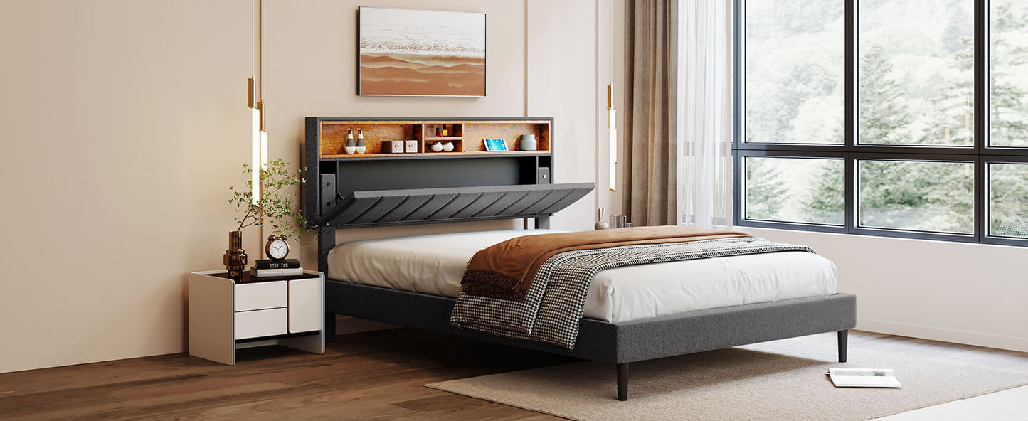 Queen Size Upholstered Platform Bed with Storage Headboard and USB Port,  Linen Fabric Upholstered Bed (Gray)