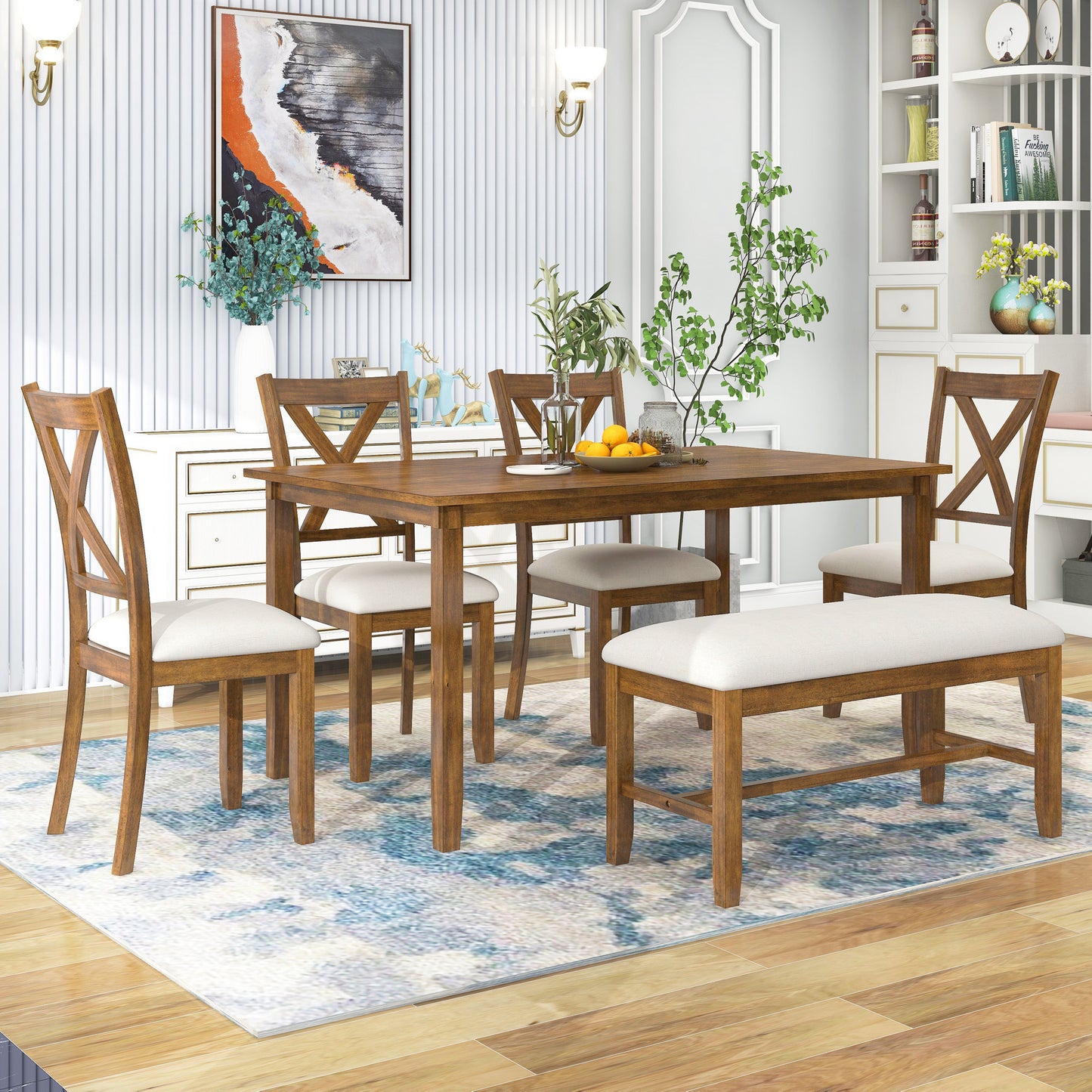 TREXM 6-Piece Kitchen Dining Table Set Wooden Rectangular Dining Table, 4 Fabric Chairs and Bench Family Furniture (Natural Cherry)