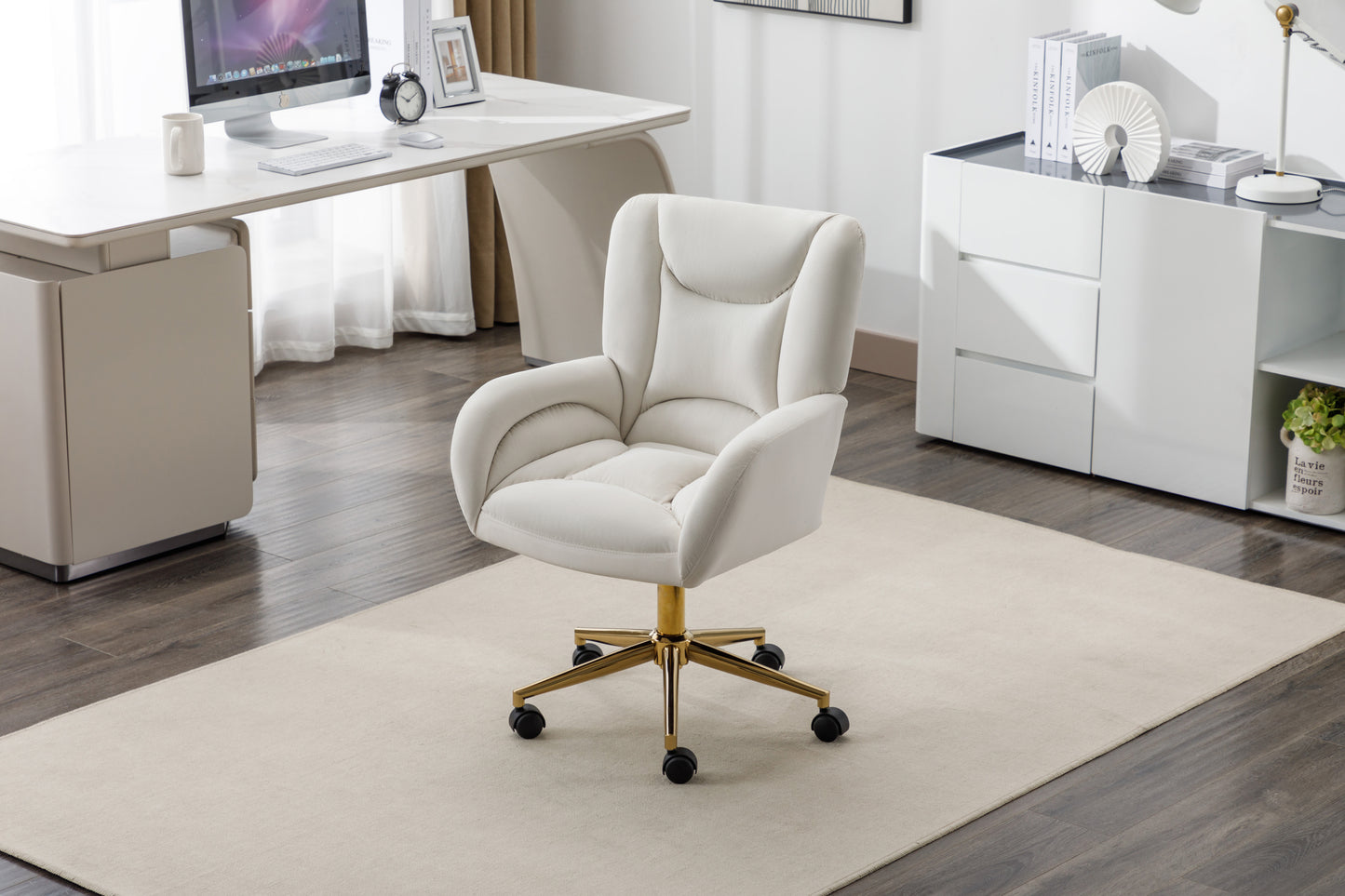 005-Velvet Fabric 360 Swivel Home Office Chair With Gold Metal Base And Universal Wheels,Ivory