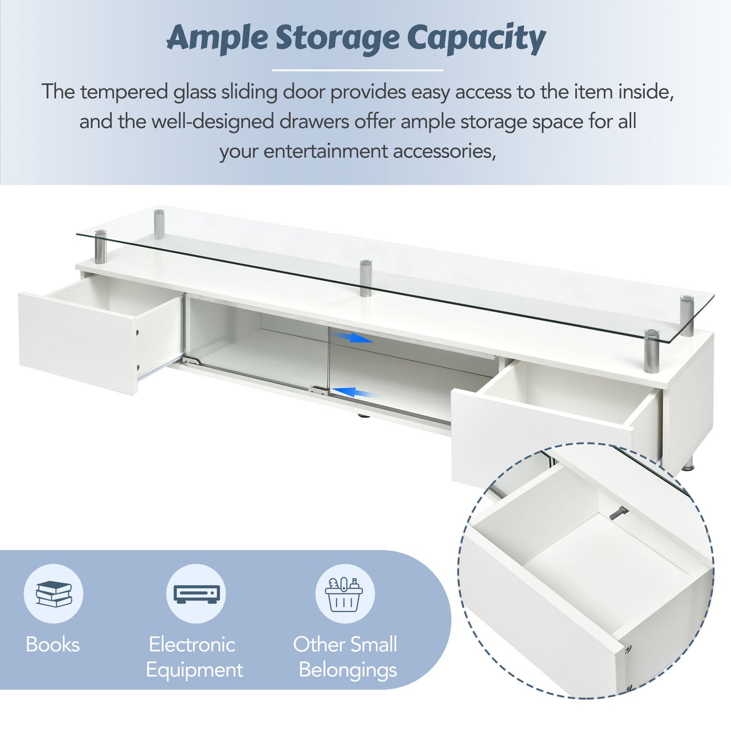 Contemporary White Media Console with Sleek Glass Design and Spacious Storage