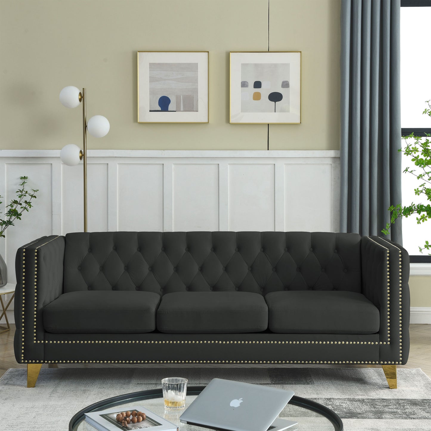 Velvet Sofa for Living Room,Buttons Tufted Square Arm Couch, Modern Couch Upholstered Button and Metal Legs, Sofa Couch for Bedroom, Black Velvet