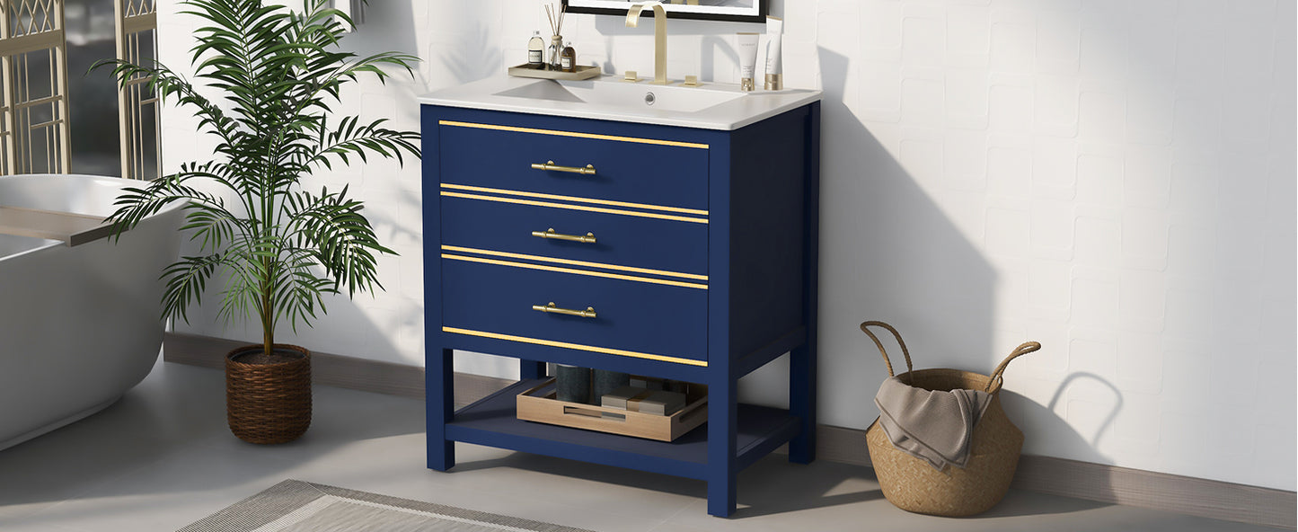 Modern 30inch Navy Blue/White Bathroom Vanity Cabinet Combo with OpenStorge, Two Drawers