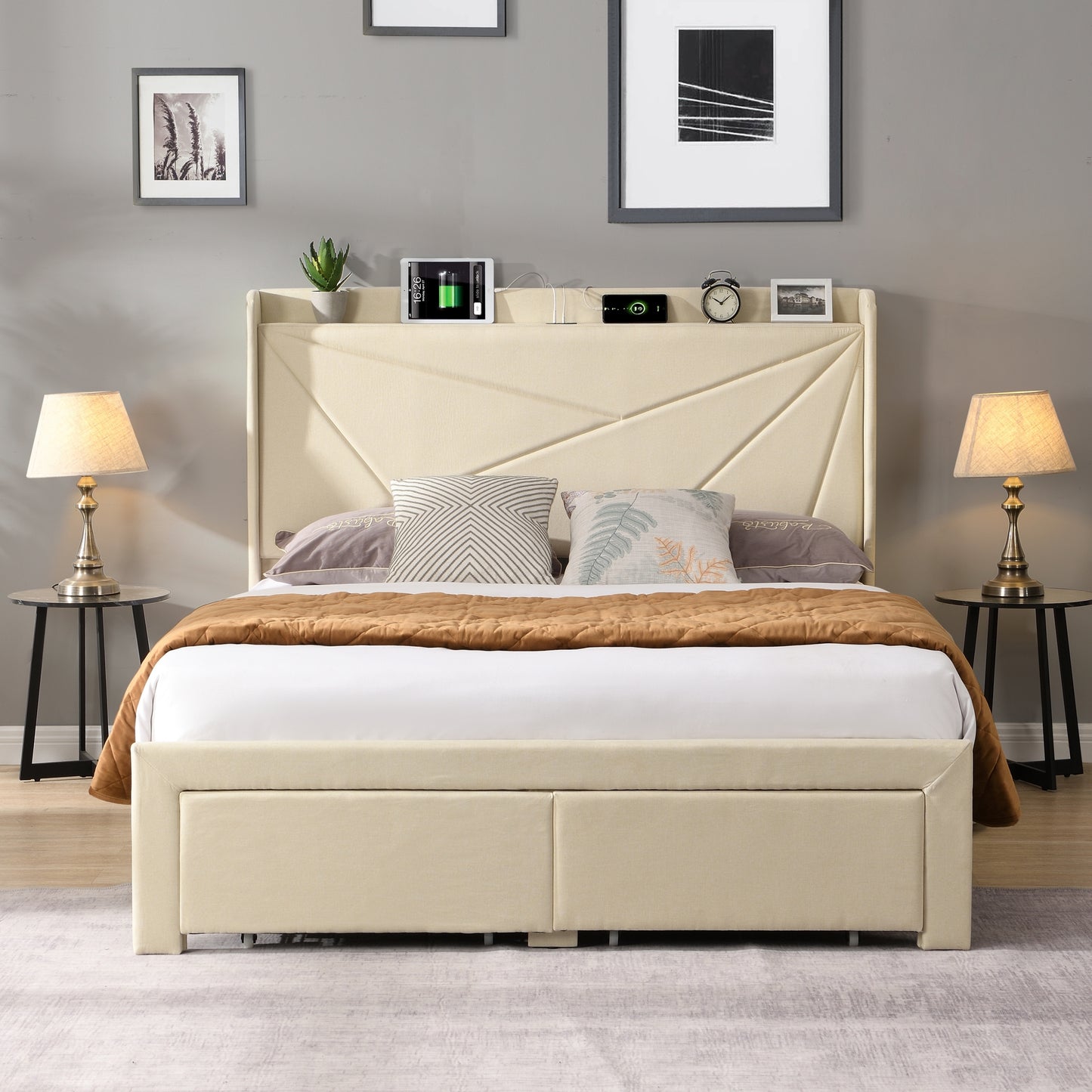 Full Size Bed Frame with 2 Storage Drawers, Upholstered Bed Frame with Wingback Headboard Storage Shelf Built-in USB Charging Stations and Strong Wood Slats Support, No Box Spring Needed, Beige