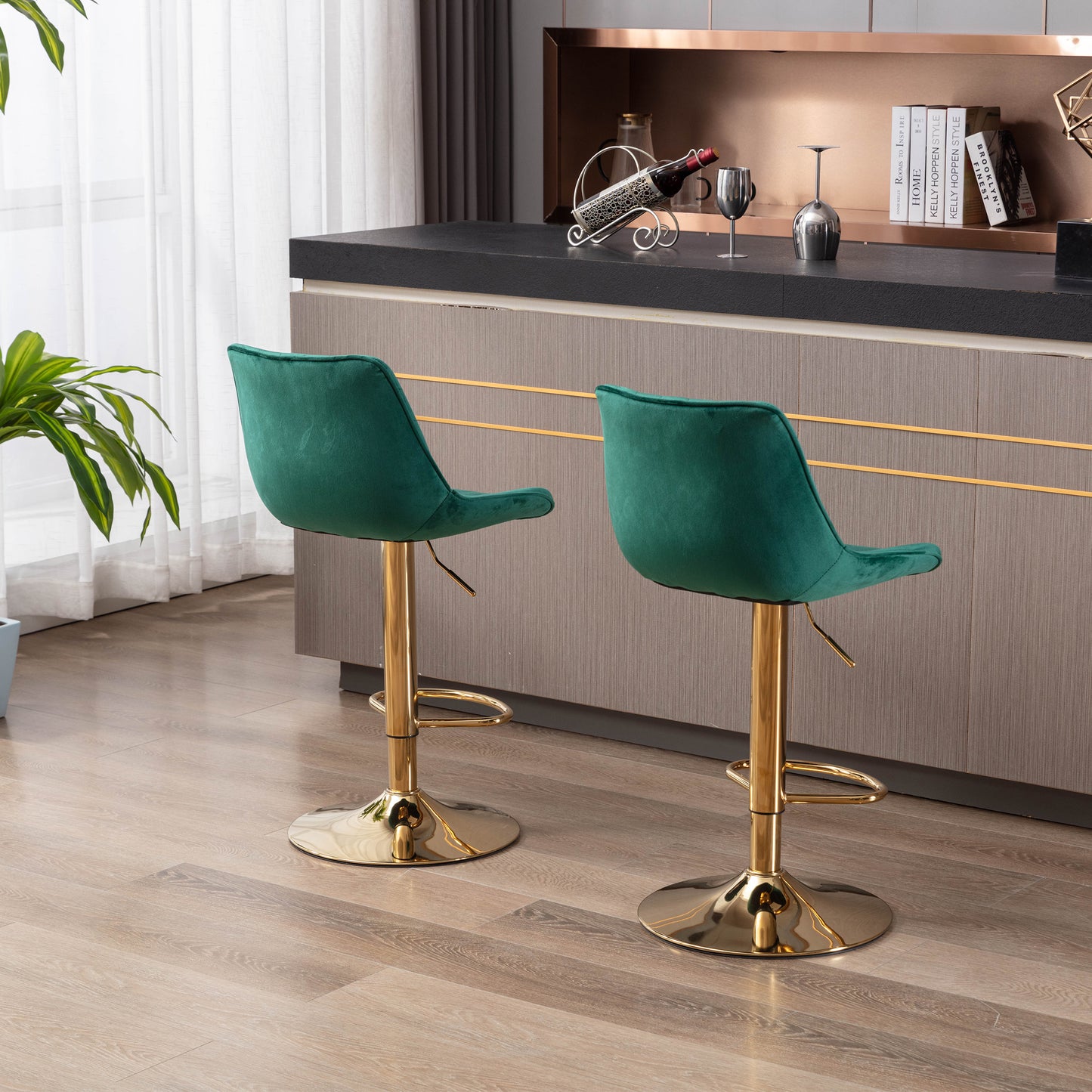 Set of 2  Bar Stools,with Chrome Footrest and Base Swivel Height Adjustable Mechanical Lifting Velvet + Golden Leg Simple Bar Stool-green