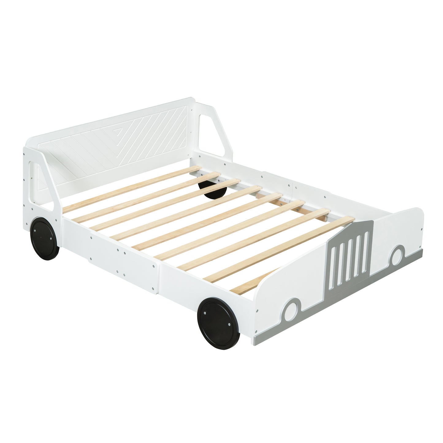 Full Size Car-Shaped Platform Bed with Wheels,White