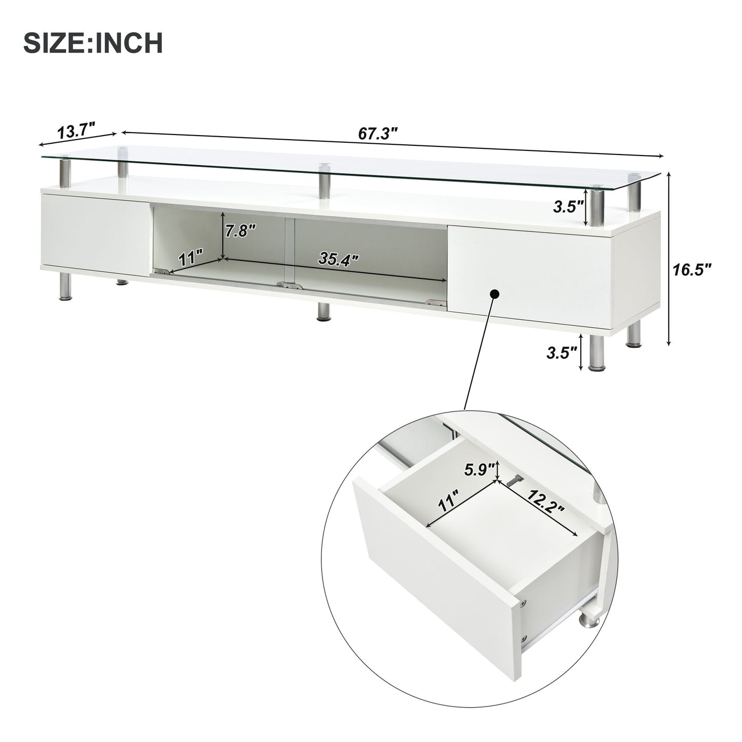 Contemporary White Media Console with Sleek Glass Design and Spacious Storage