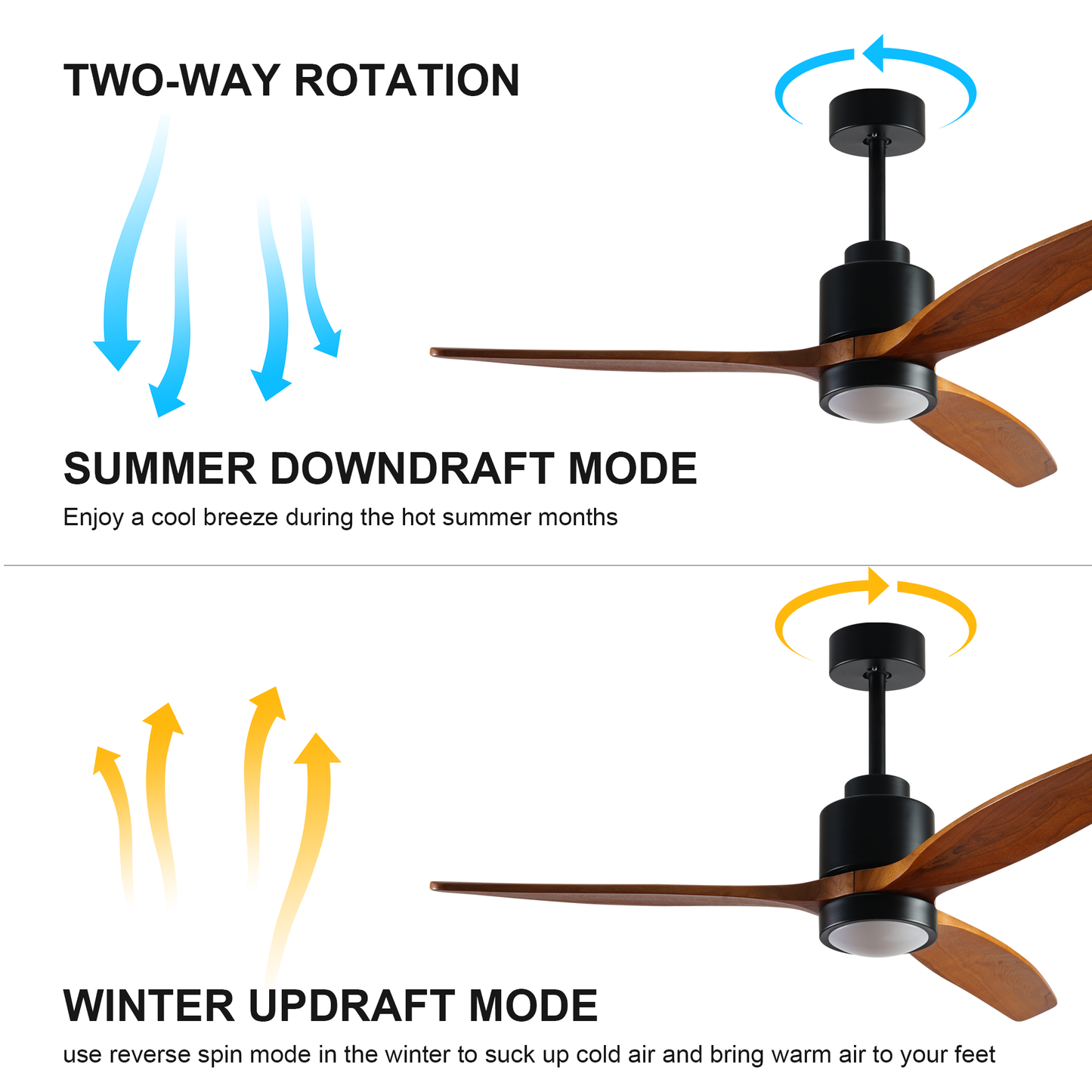 52-inch Elegant Wood Ceiling Fan with Dimmable LED Lights