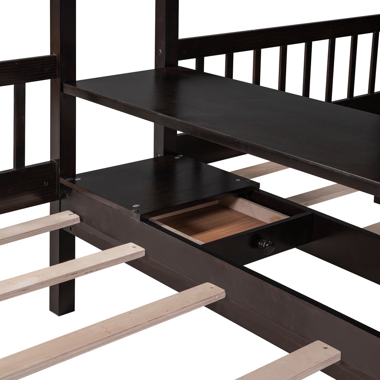 Efficient Espresso Bunk Bed with Twin Over Full, Wardrobe, Mirror, and Shelves