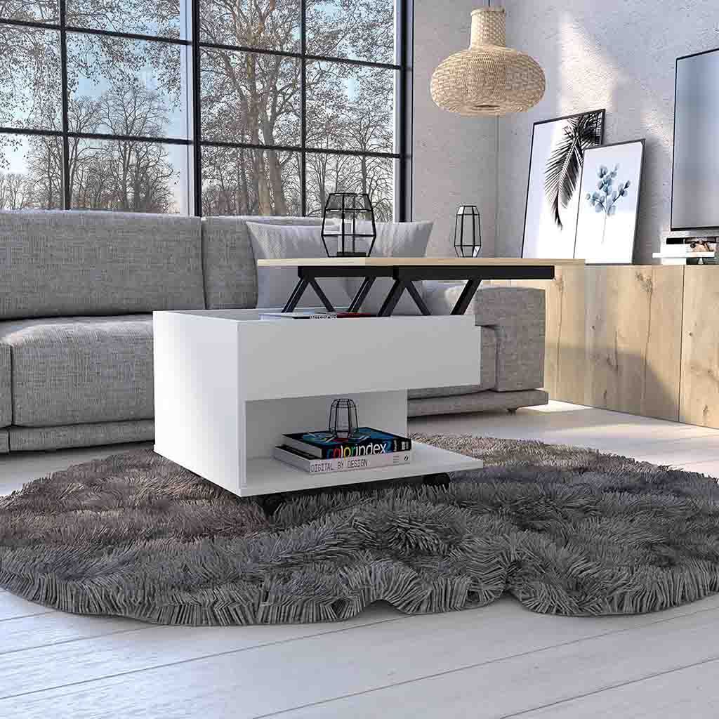 Modern Lift Top Coffee Table with Hidden Storage - White/Light Oak Finish